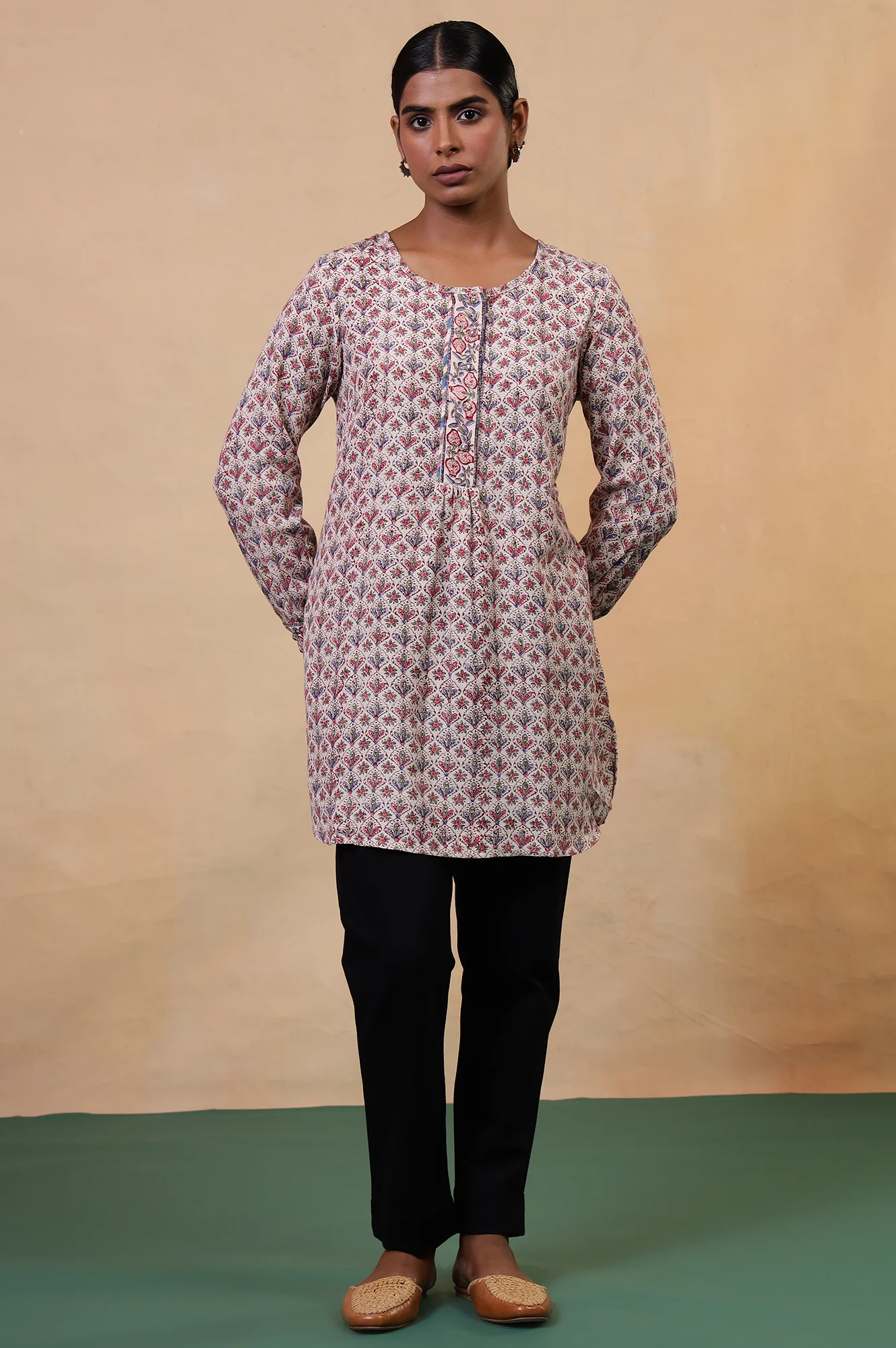 Folksong Ecru Viscose Blend Straight-Fit Floral Hand Block Printed Top - Image 3