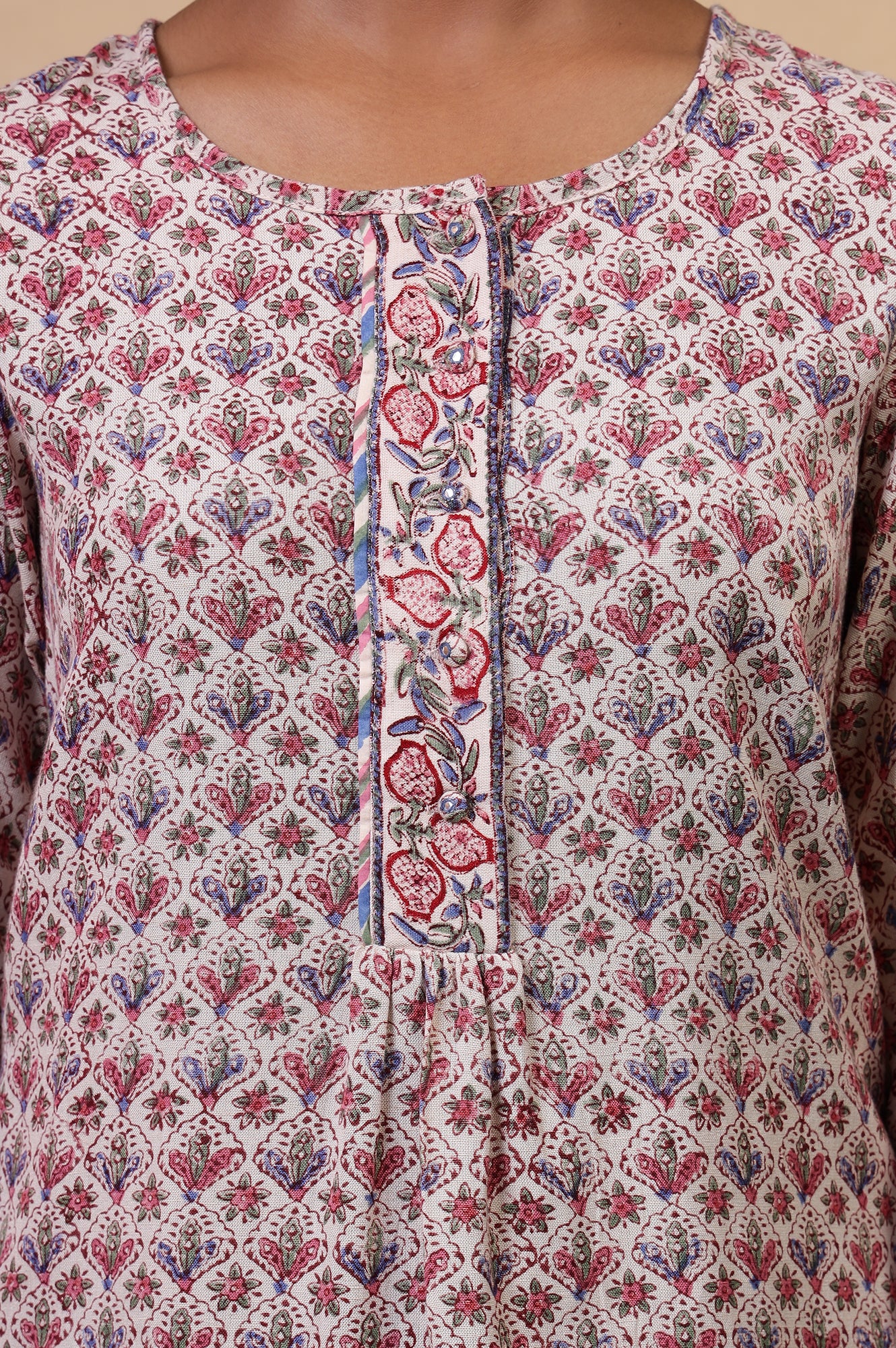 Folksong Ecru Viscose Blend Straight-Fit Floral Hand Block Printed Top - Image 4