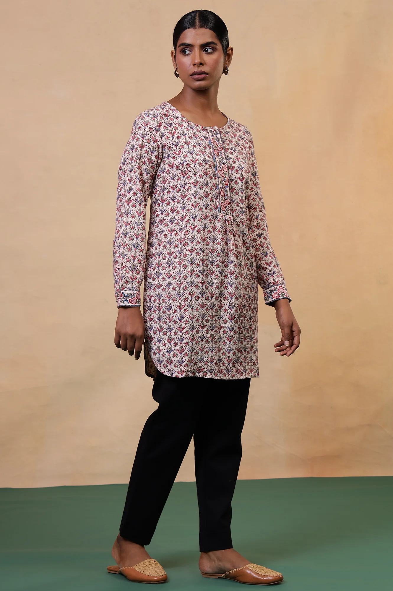 Folksong Ecru Viscose Blend Straight-Fit Floral Hand Block Printed Top - Image 5