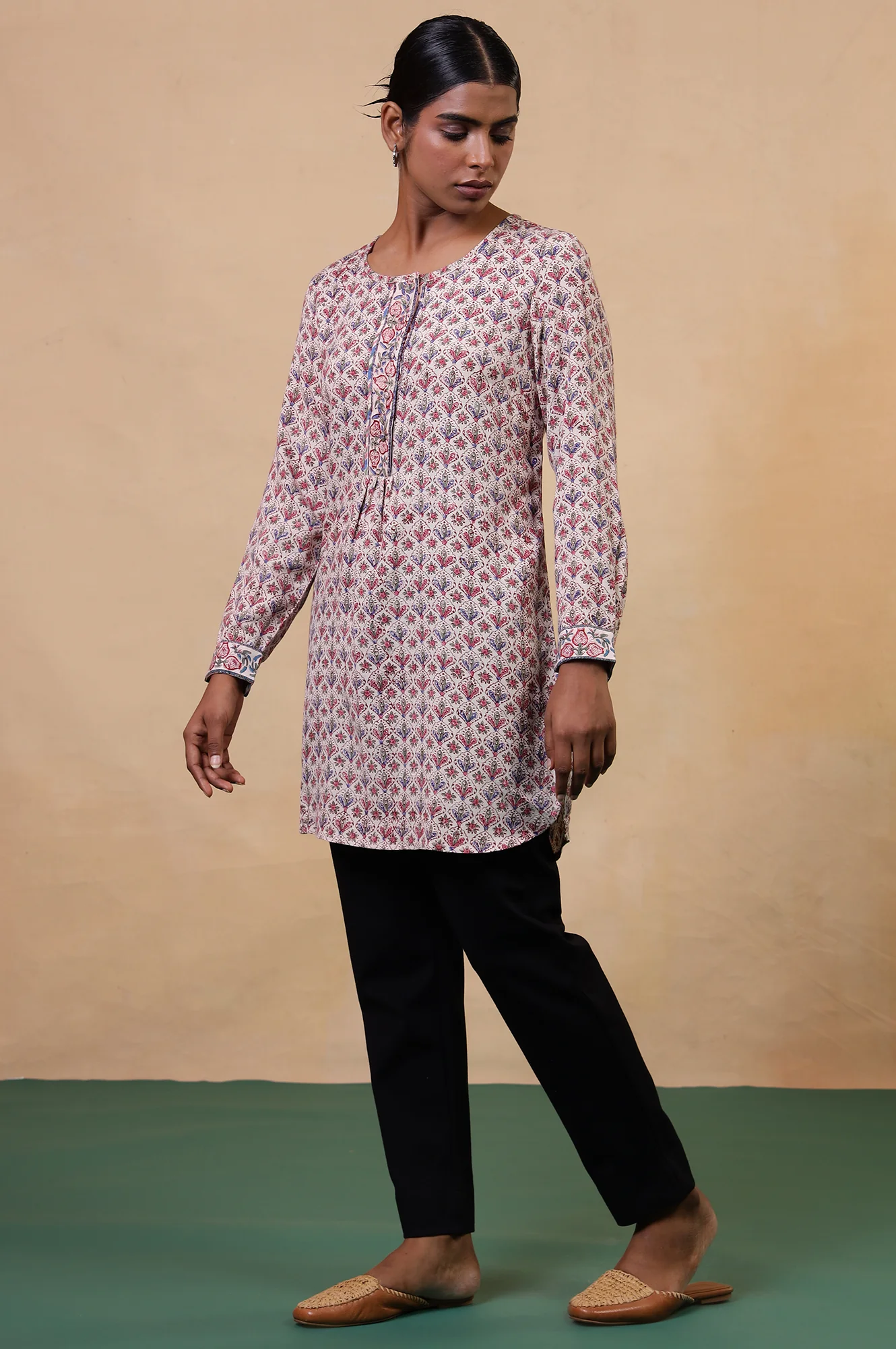 Folksong Ecru Viscose Blend Straight-Fit Floral Hand Block Printed Top - Image 7