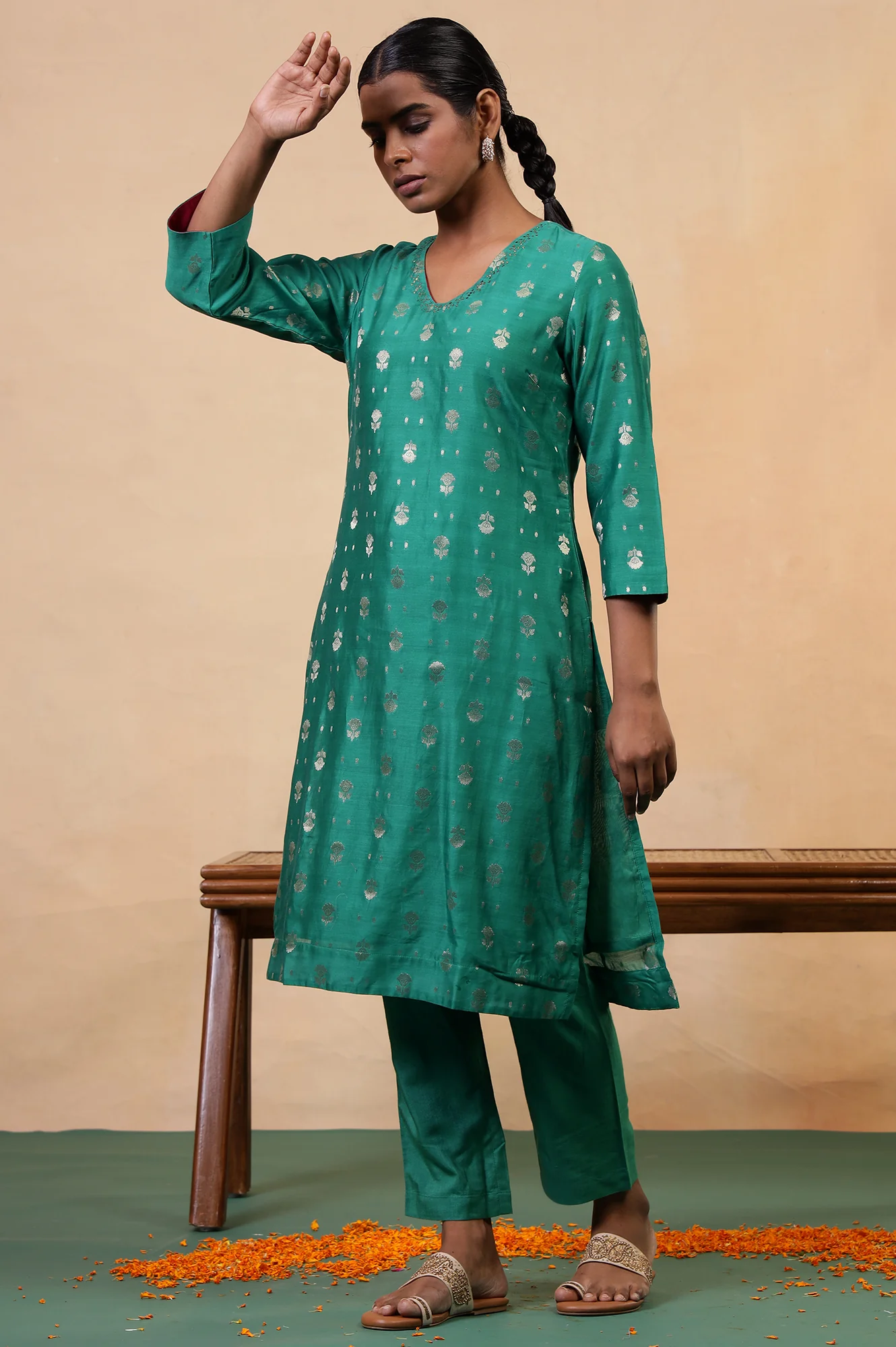 Folksong Emerald Green Ethnic Motif Mukaish Cotton Silk Kurta and Pyjama Set - Image 6
