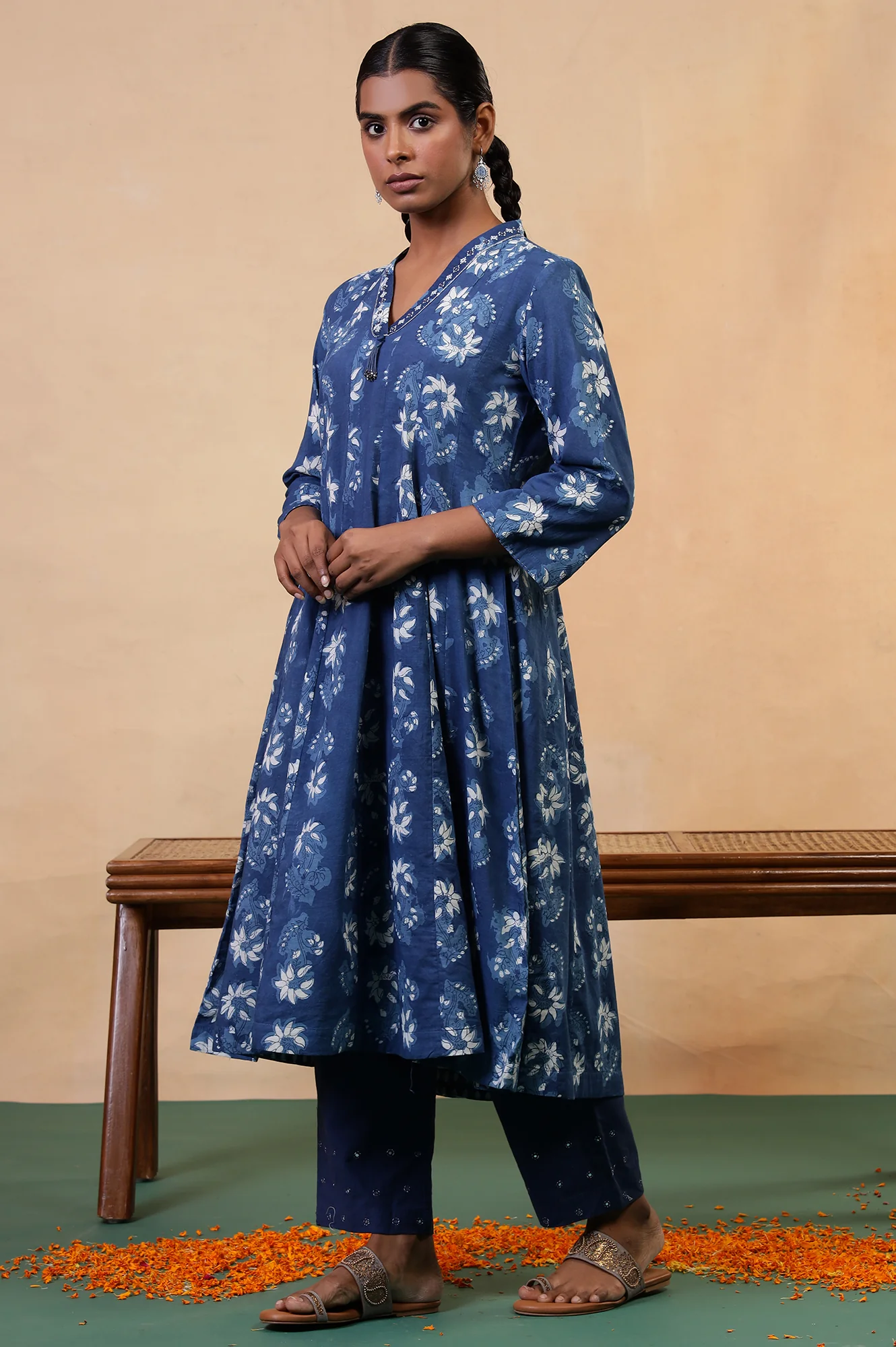 Folksong Indigo Blue Cotton Flared Floral Hand Block Printed Anarkali - Image 6