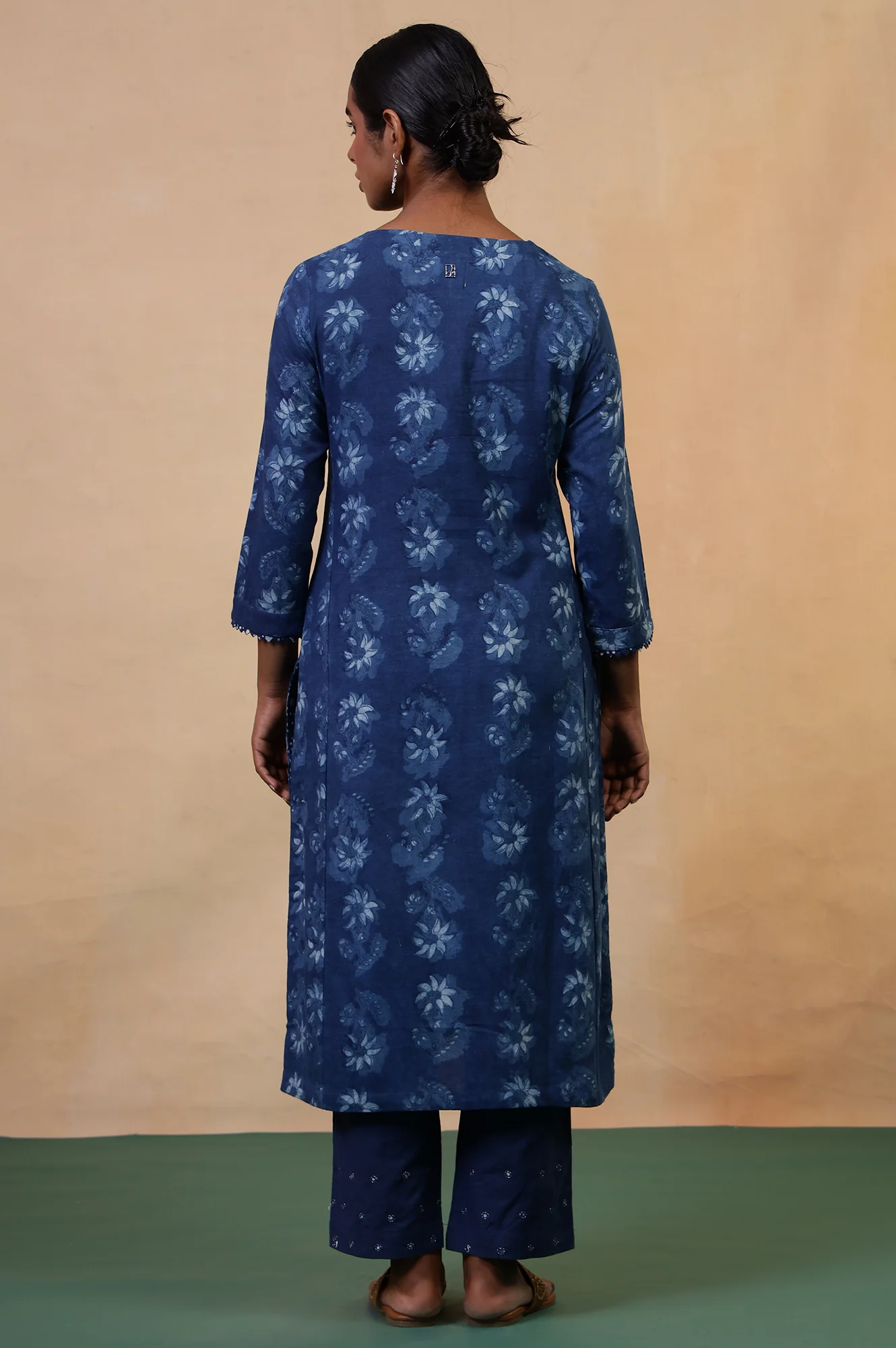 Folksong Indigo Blue Floral Mirror Work Hand Block Printed Cotton Kurta - Image 5