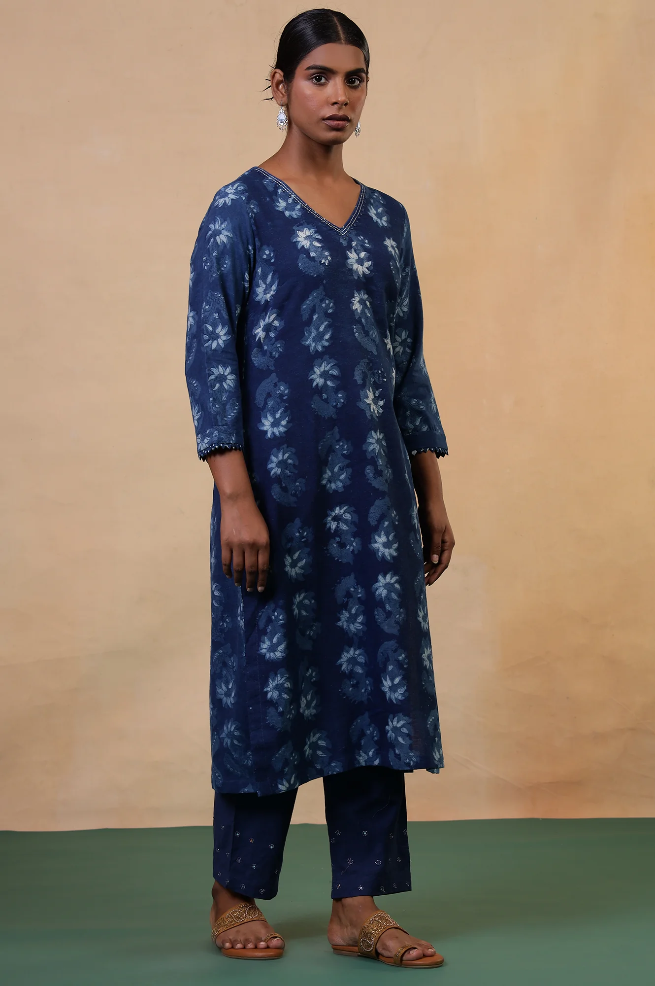 Folksong Indigo Blue Floral Mirror Work Hand Block Printed Cotton Kurta - Image 6