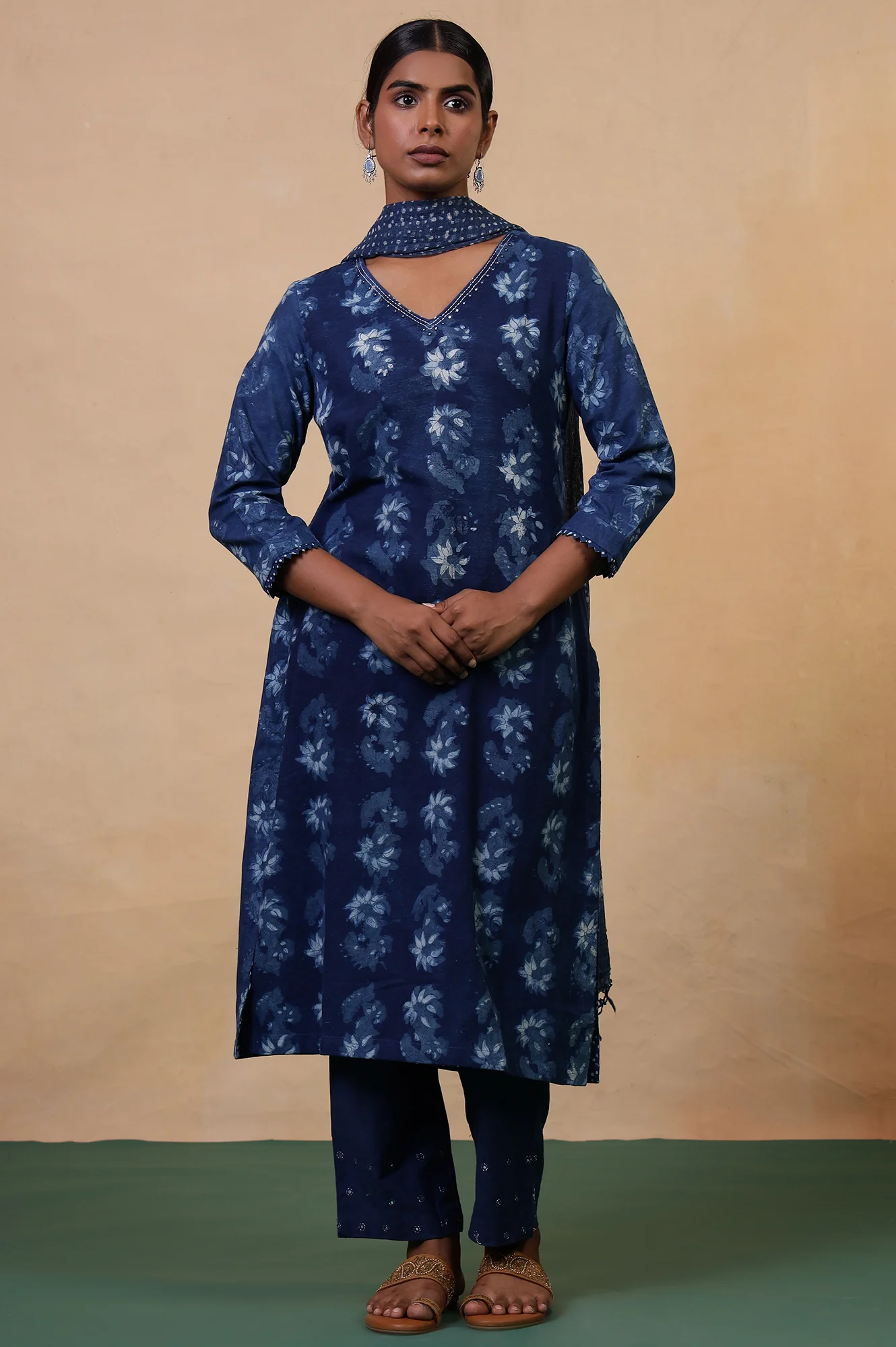 Folksong Indigo Blue Floral Mirror Work Hand Block Printed Cotton Kurta - Image 7