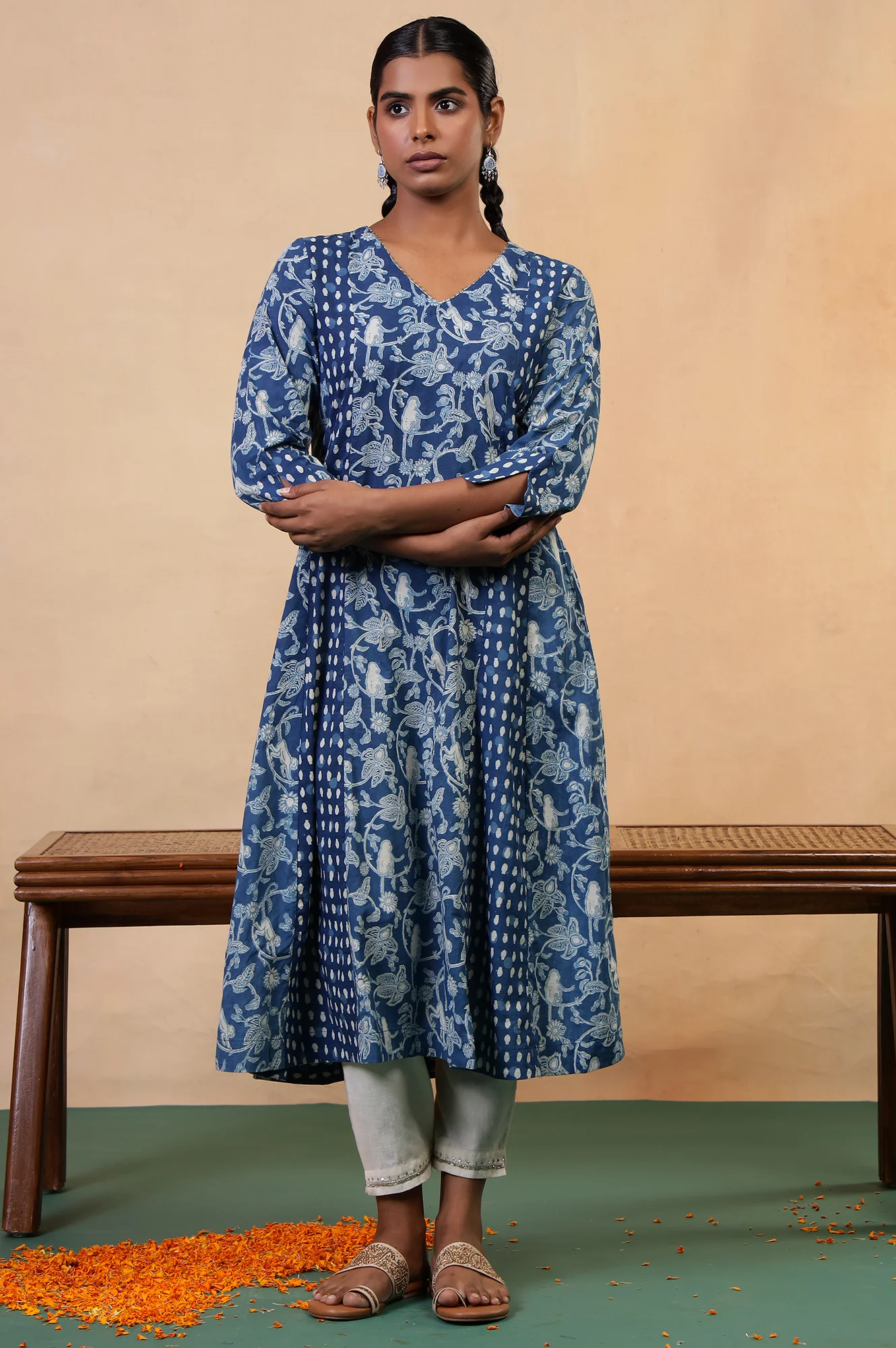 Folksong Indigo Blue Tropical Gotta Patti Cotton Flared Anarkali Kurta - Image 3