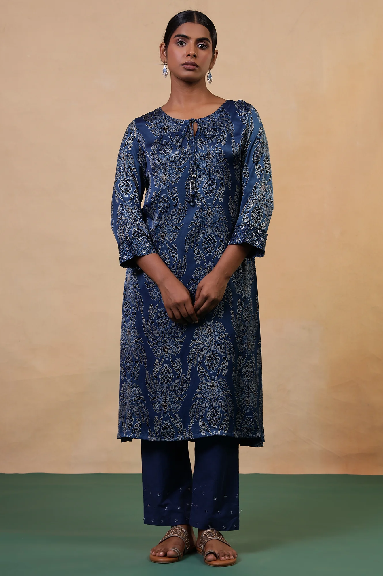 Folksong Indigo Blue Viscose Straight-Fit Floral Ajrakh Print Kurta - Image 2
