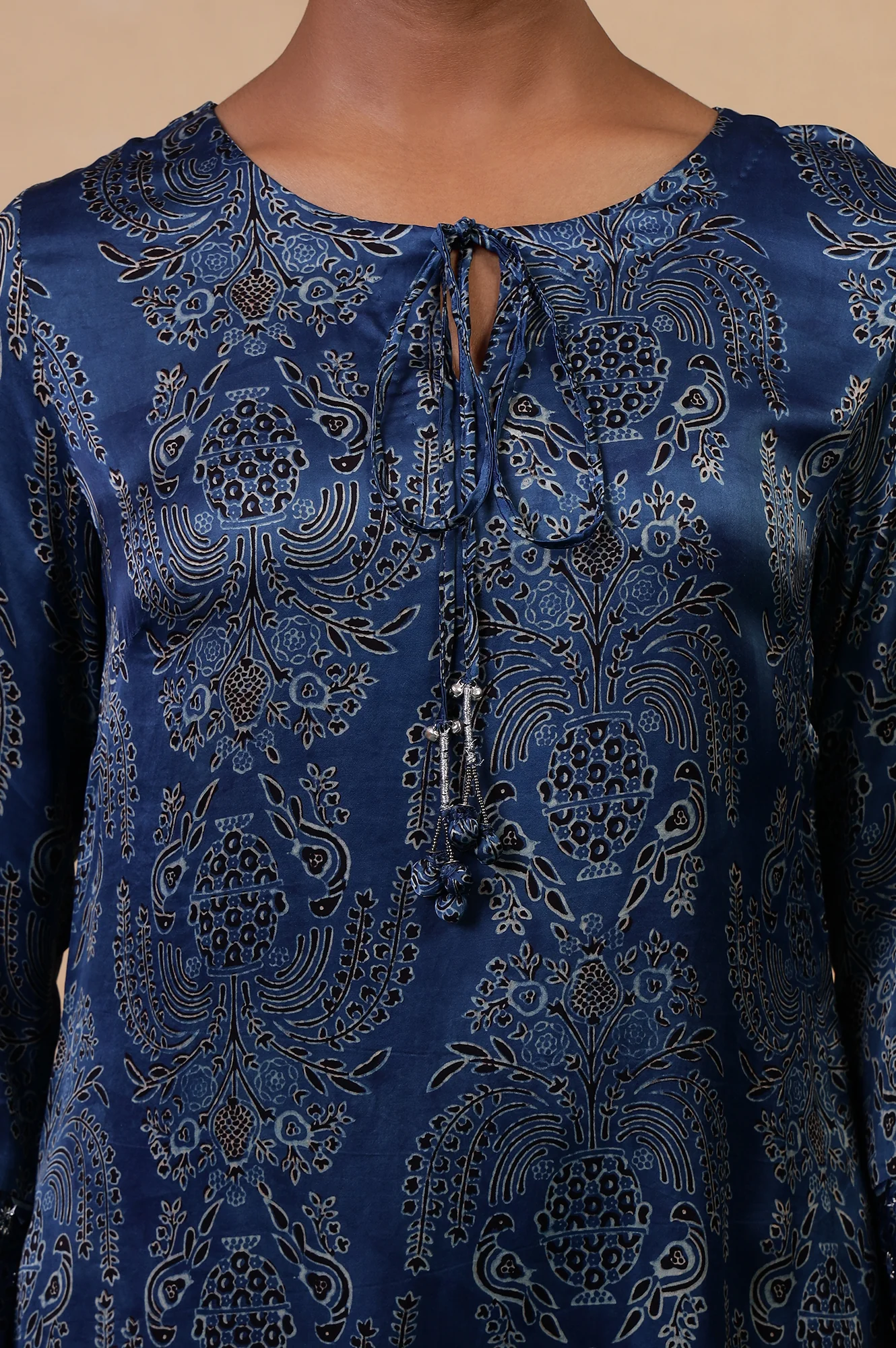 Folksong Indigo Blue Viscose Straight-Fit Floral Ajrakh Print Kurta - Image 3