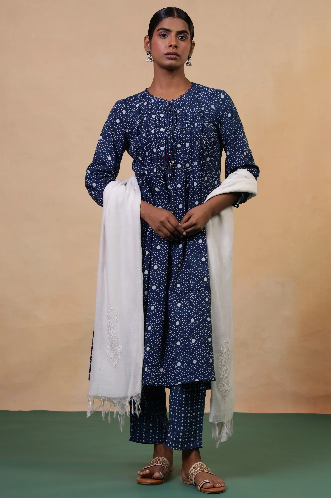 Folksong Indigo Cotton A-Line Hand Block Printed Polka Dot Kurta - Image 6