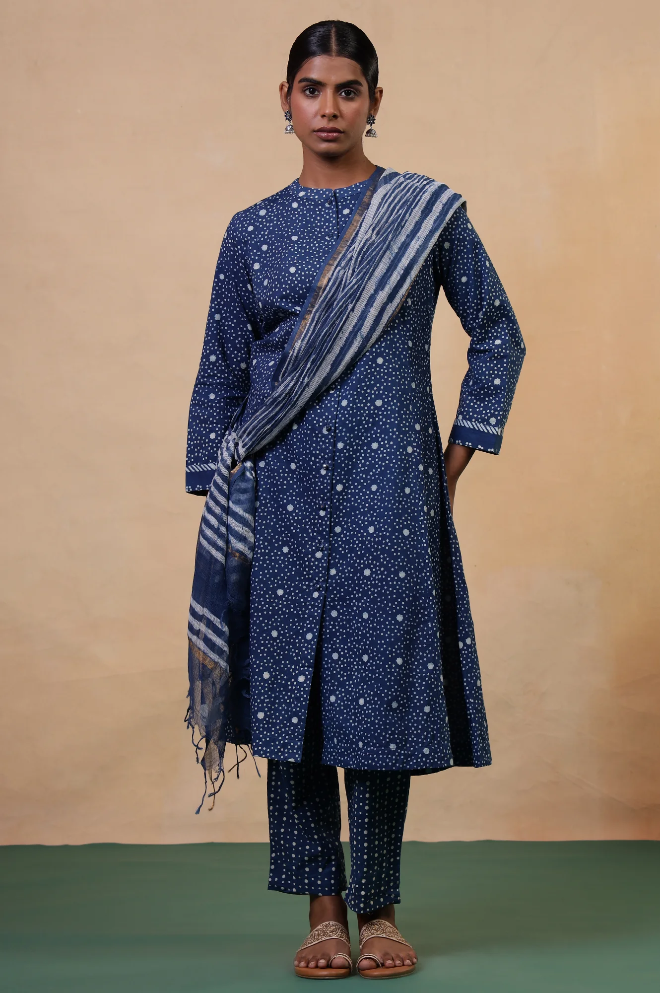 Folksong Indigo Cotton Regular Mirror Work Polka Dot Kurta - Image 7