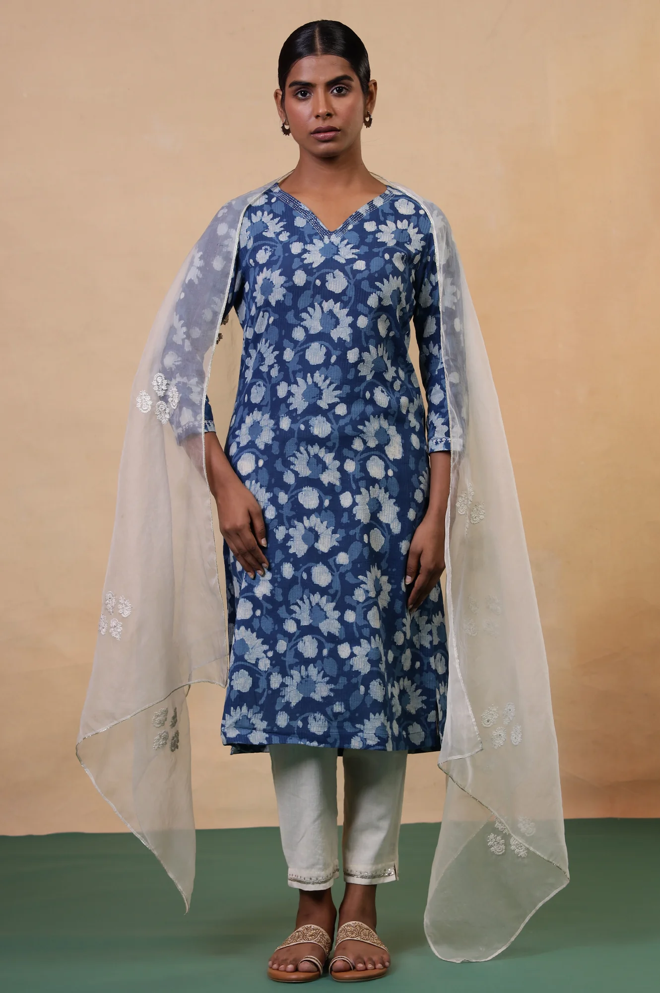 Folksong Indigo Floral Kantha Hand Block Printed Cotton Straight Kurta - Image 7