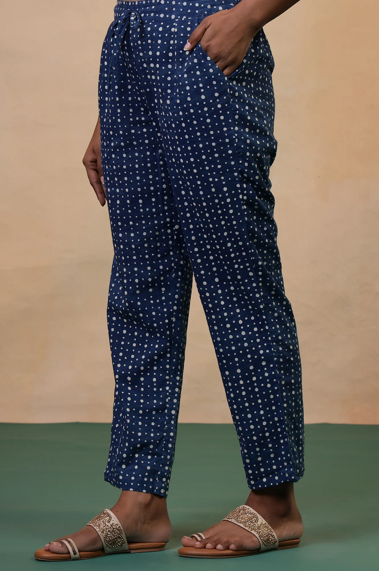 Folksong Indigo Polka Dot Hand Block Printed Cotton Straight Pyjamas - Image 5
