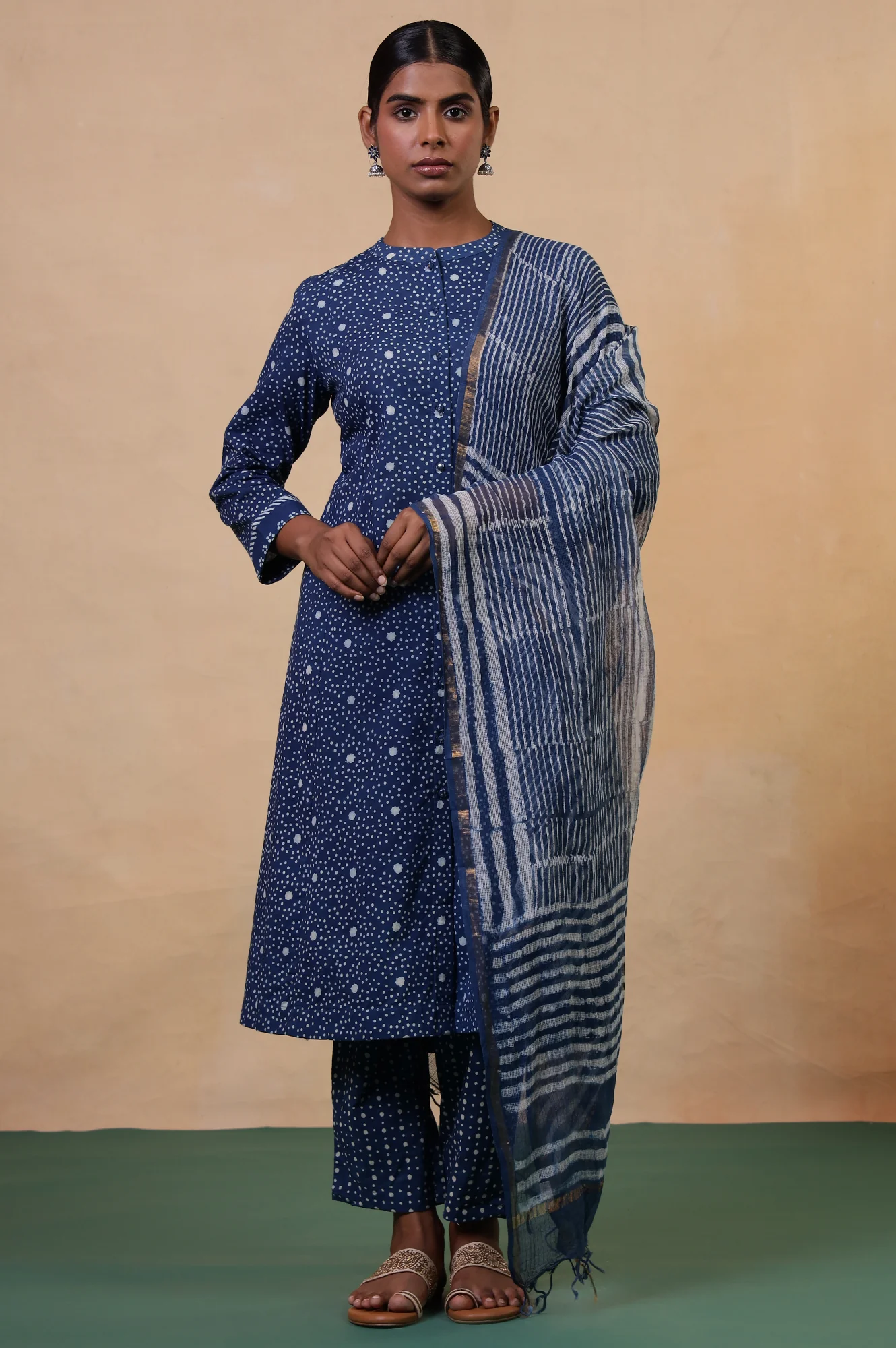 Folksong Indigo Striped Hand Block Printed Cotton Silk Blend Dupatta - Image 2