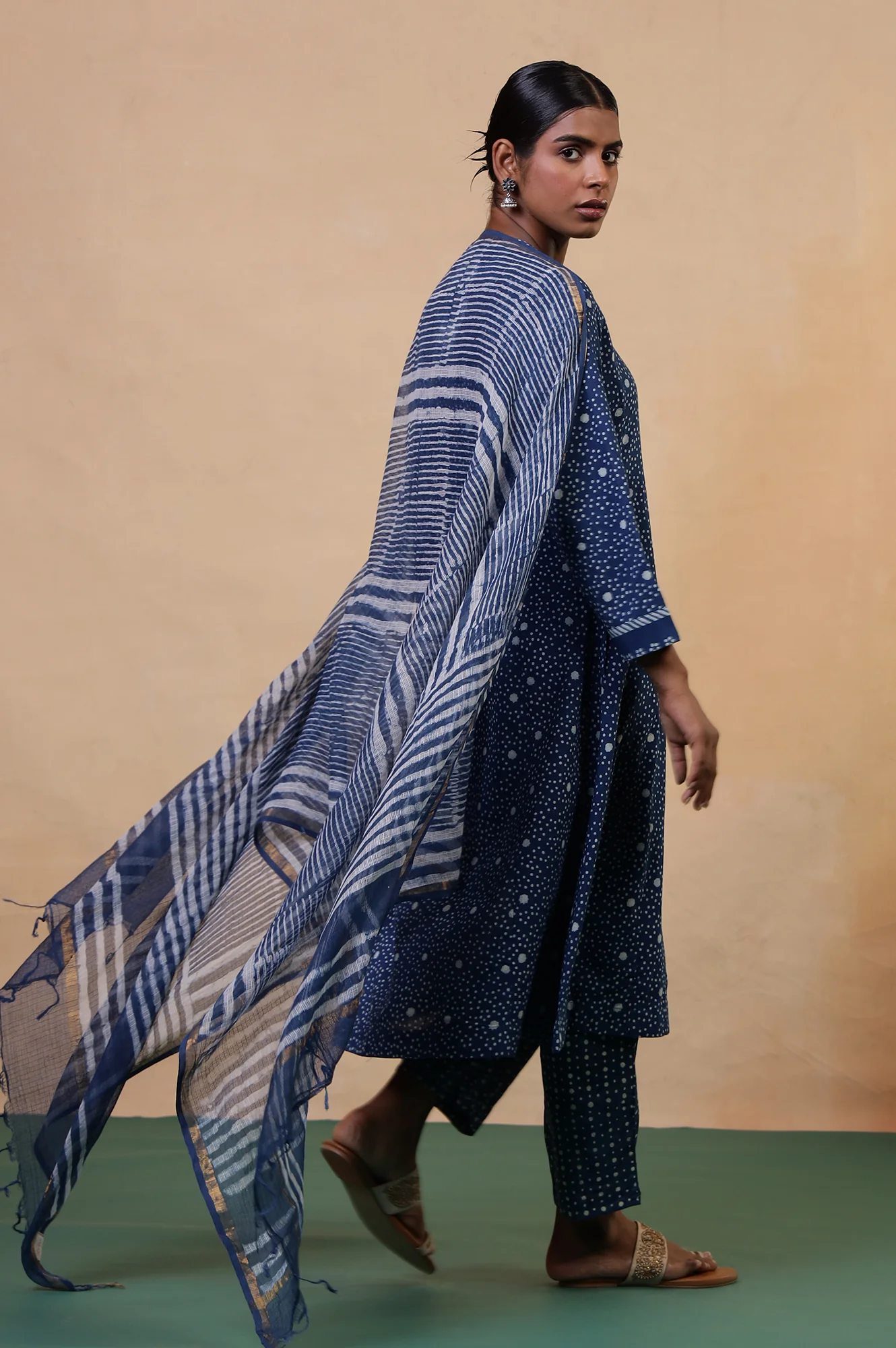 Folksong Indigo Striped Hand Block Printed Cotton Silk Blend Dupatta - Image 3