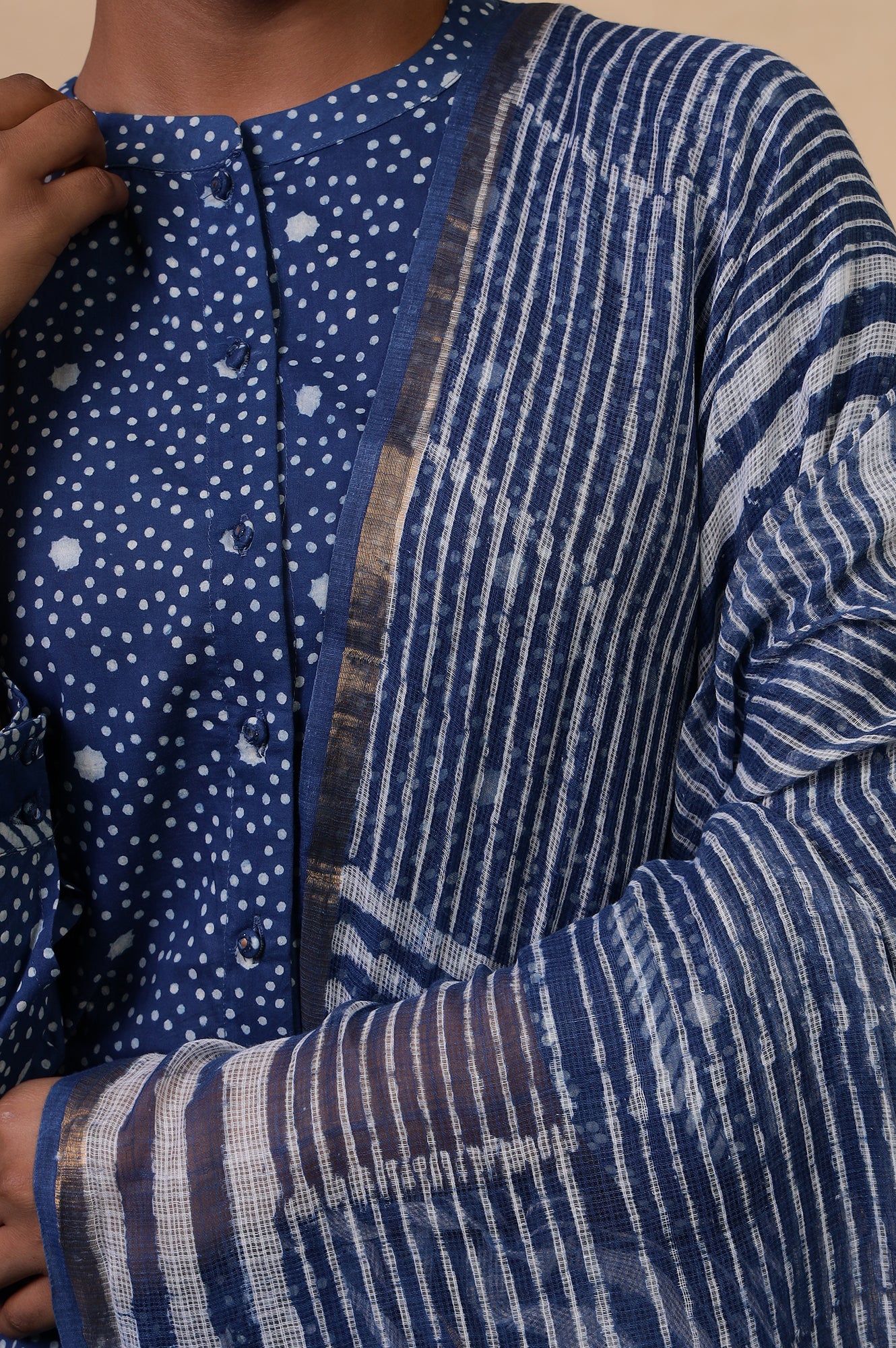 Folksong Indigo Striped Hand Block Printed Cotton Silk Blend Dupatta - Image 4