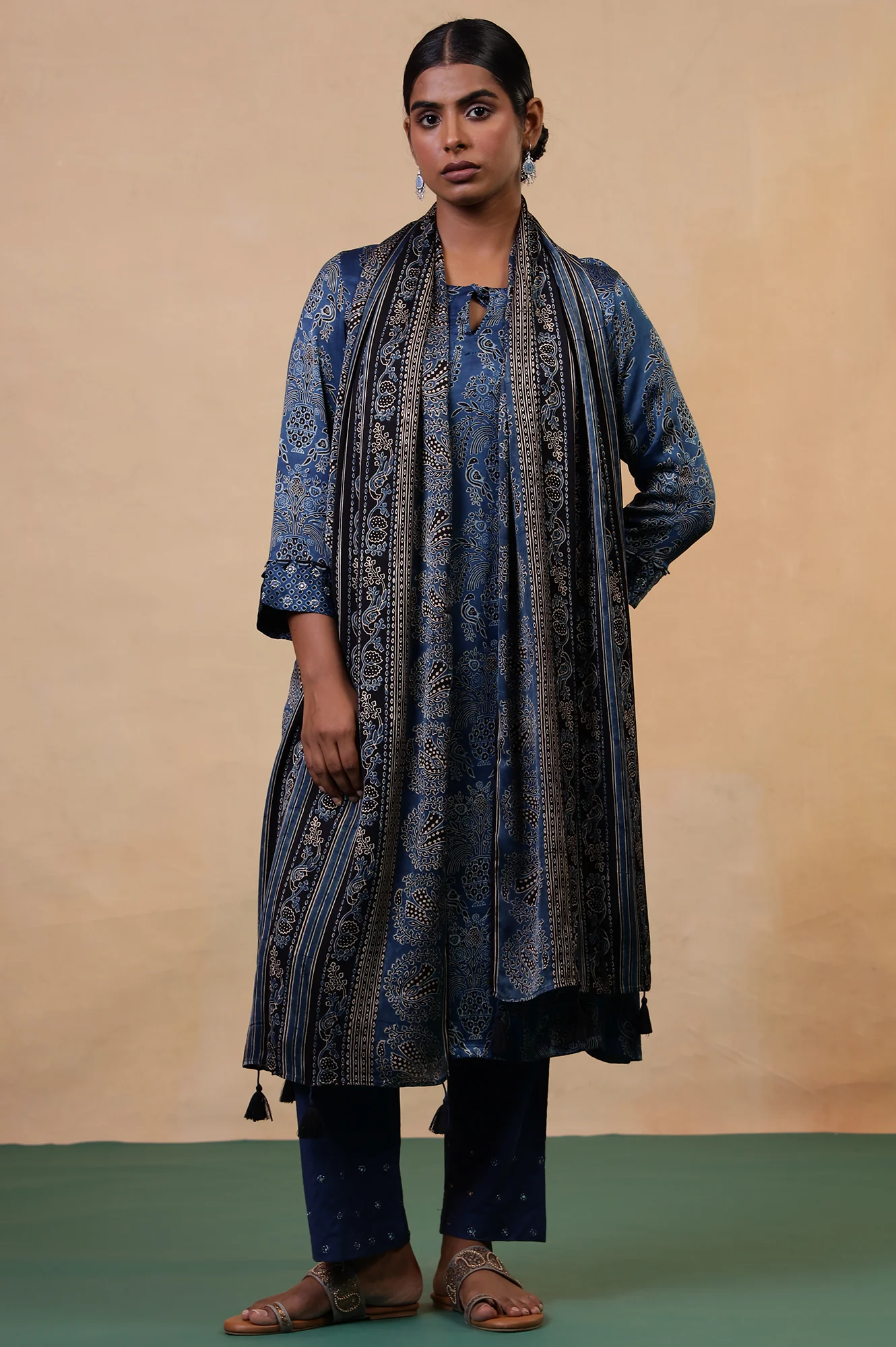 Folksong Indigo Viscose Regular Floral Ajrakh Print Dupatta - Image 2