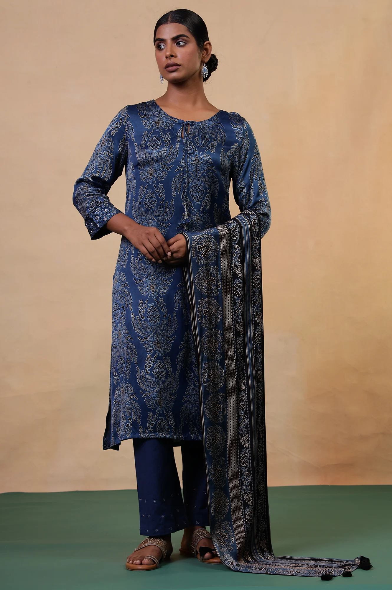 Folksong Indigo Viscose Regular Floral Ajrakh Print Dupatta - Image 3