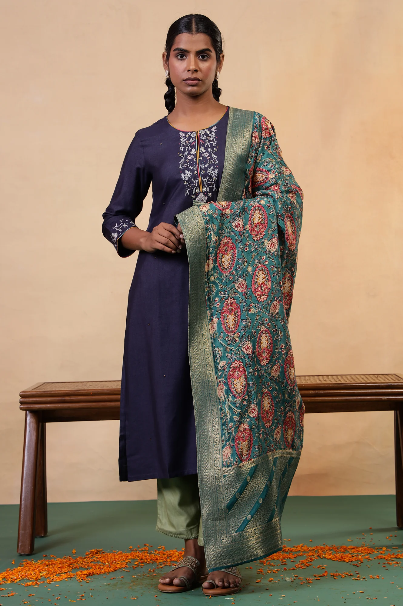 Folksong Jungle Green Floral Hand Block Printed Viscose Blend Dupatta - Image 2