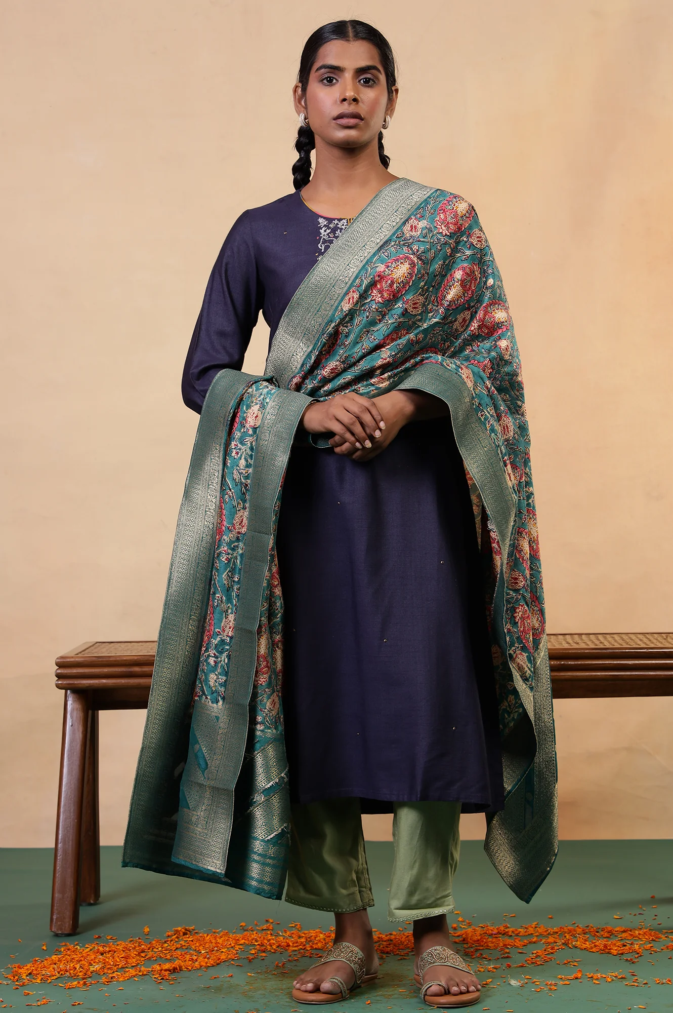 Folksong Jungle Green Floral Hand Block Printed Viscose Blend Dupatta - Image 3