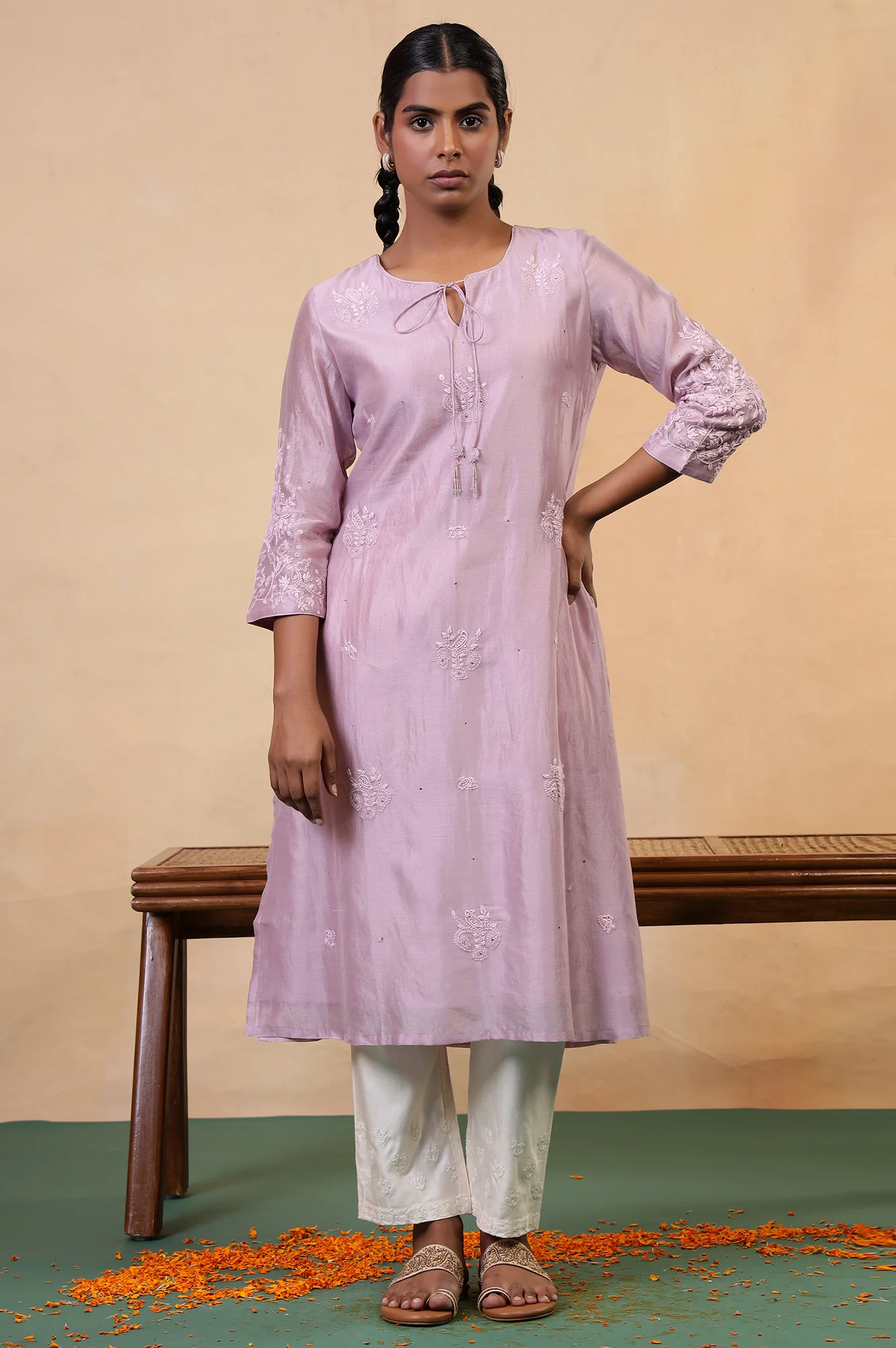 Folksong Lilac Cotton-Silk A-Line Embroidered Chikankari Regular Kurta - Image 2