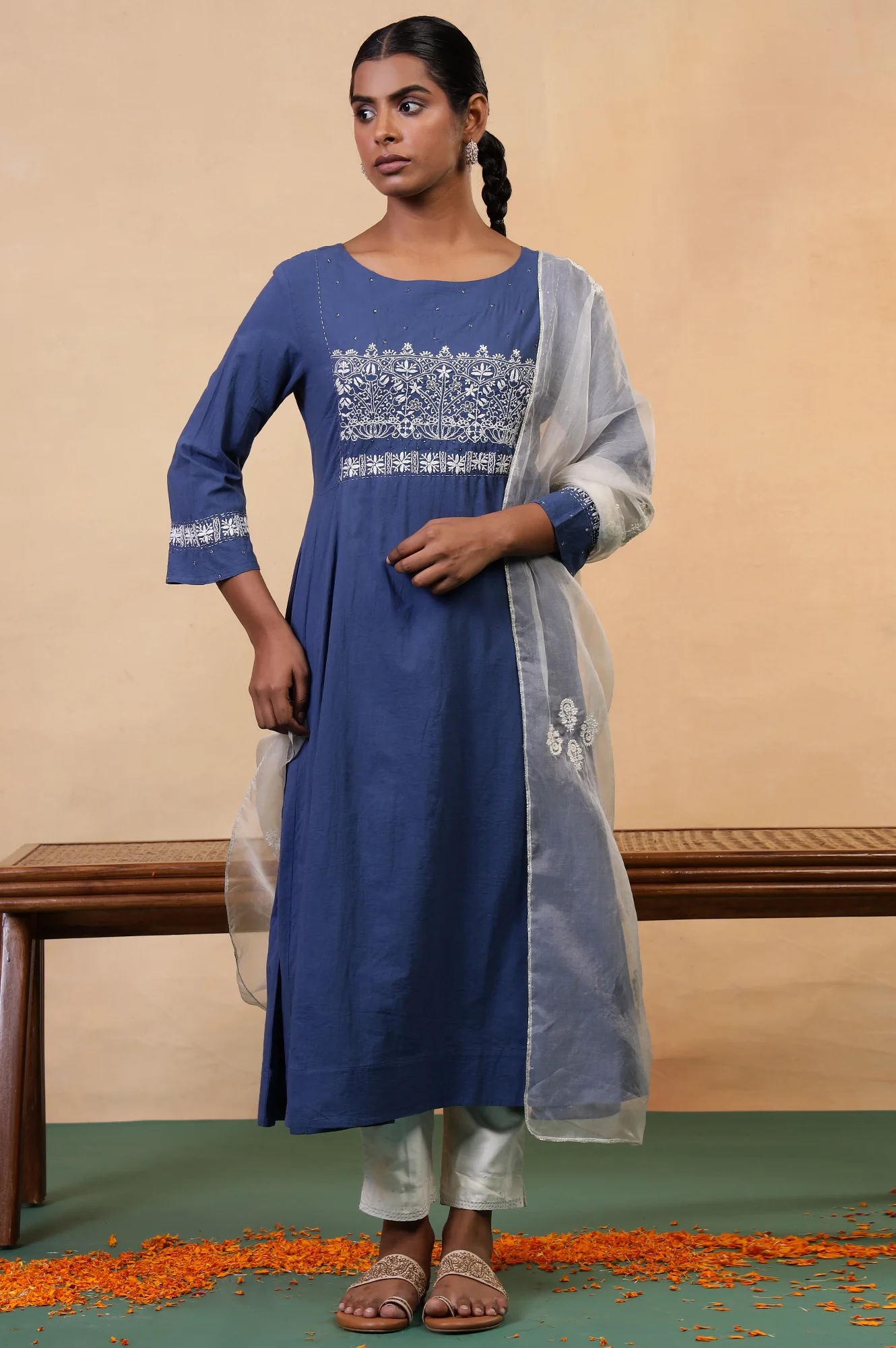 Folksong Midnight Blue Chikankari Embroidered Cotton Anarkali Kurta - Image 7