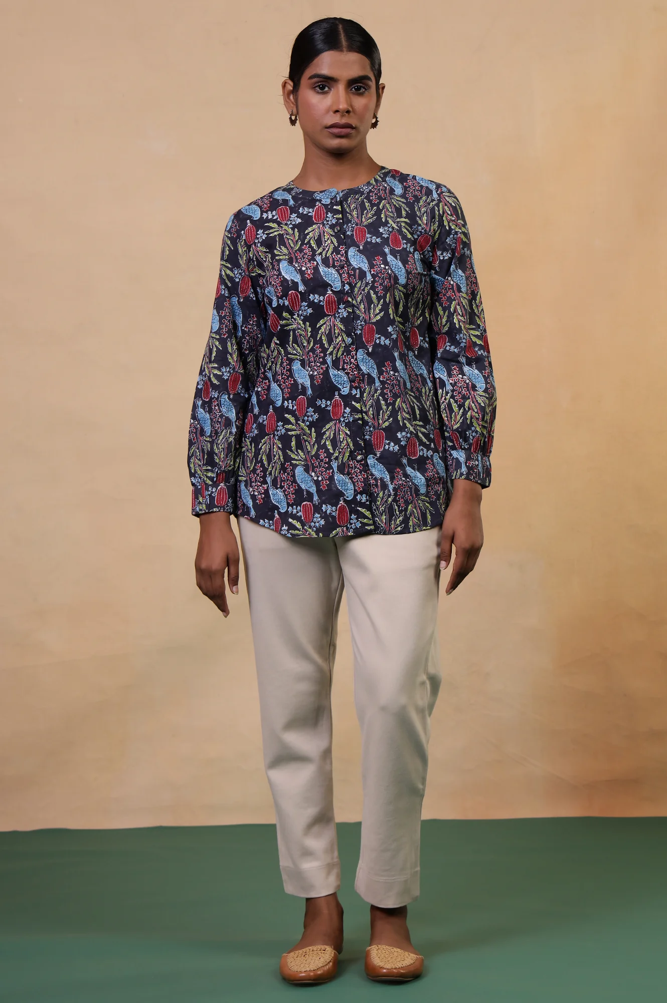 Folksong Navy Blue Cotton Straight-Fit Tropical Hand Block Printed Top - Image 2