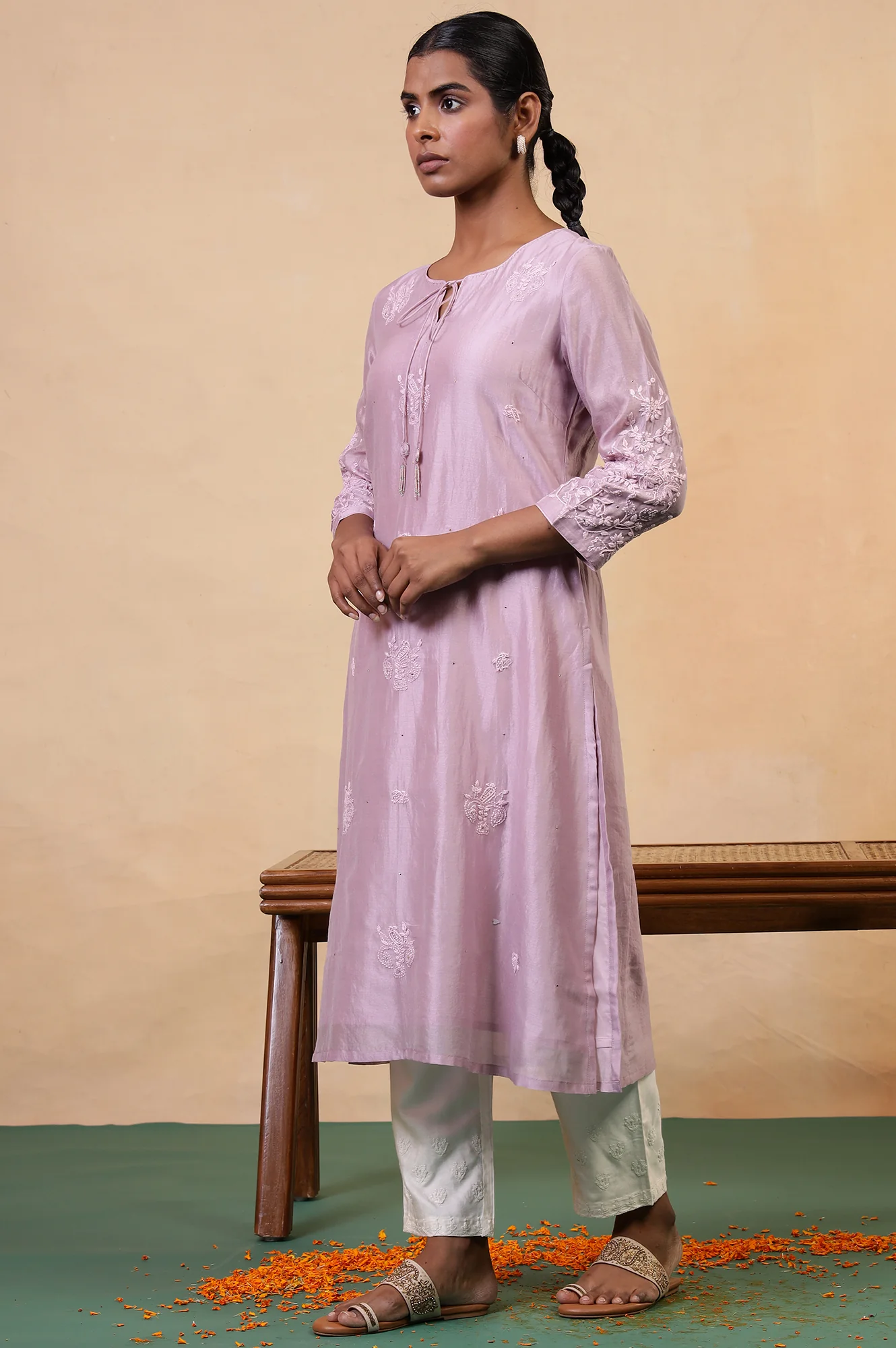 Folksong New Pristine Chikankari Embroidered Viscose Blend Straight Pyjamas - Image 5