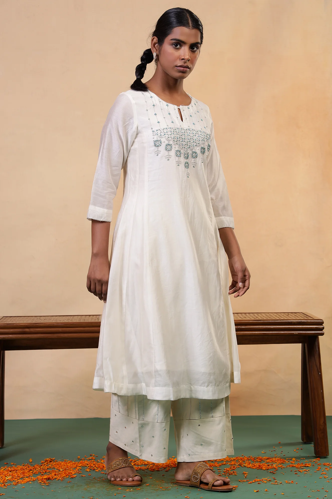 Folksong Off-White Beaded Cotton Silk Blend Flared Anarkali Kurta - Image 6