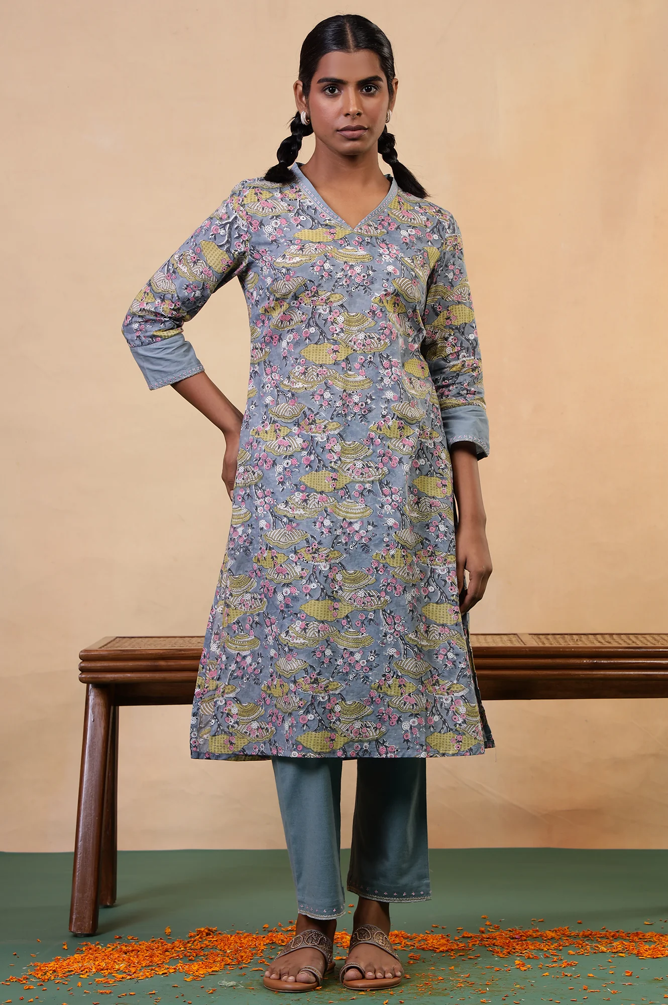Folksong Opal Blue Cotton Straight-Fit Floral Hand Block Printed Kurta - Image 2