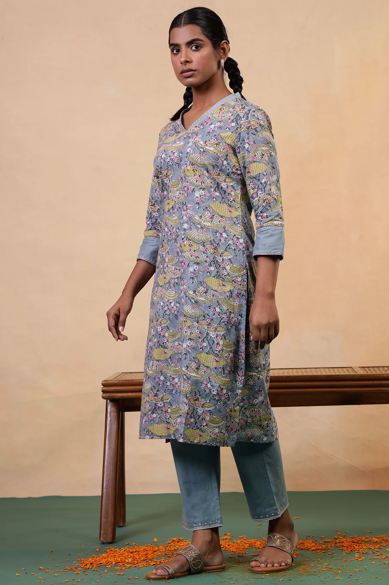 Folksong Opal Blue Cotton Straight-Fit Floral Hand Block Printed Kurta - Image 4
