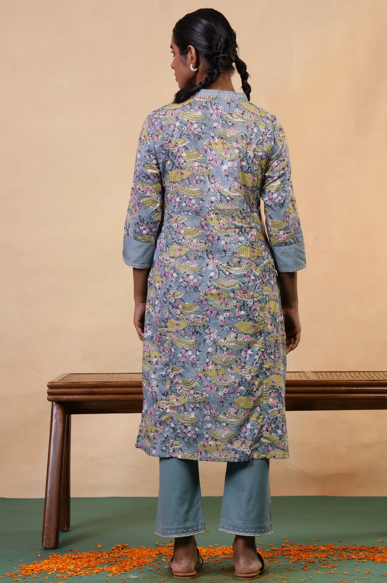 Folksong Opal Blue Cotton Straight-Fit Floral Hand Block Printed Kurta - Image 5