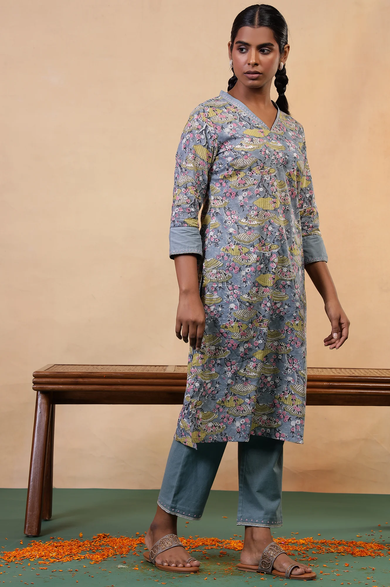 Folksong Opal Blue Cotton Straight-Fit Floral Hand Block Printed Kurta - Image 6