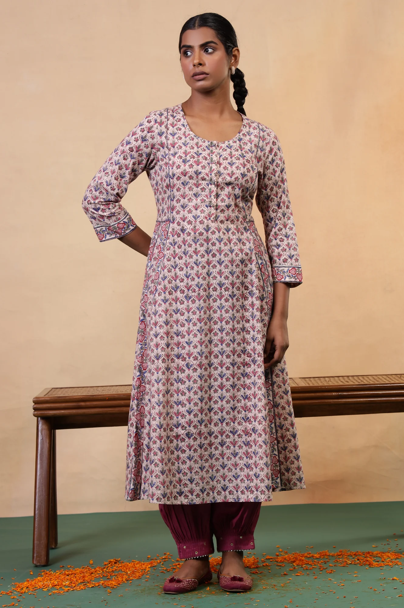 Folksong Pearl White Cotton Flared Floral Hand Block Printed Anarkali - Image 2