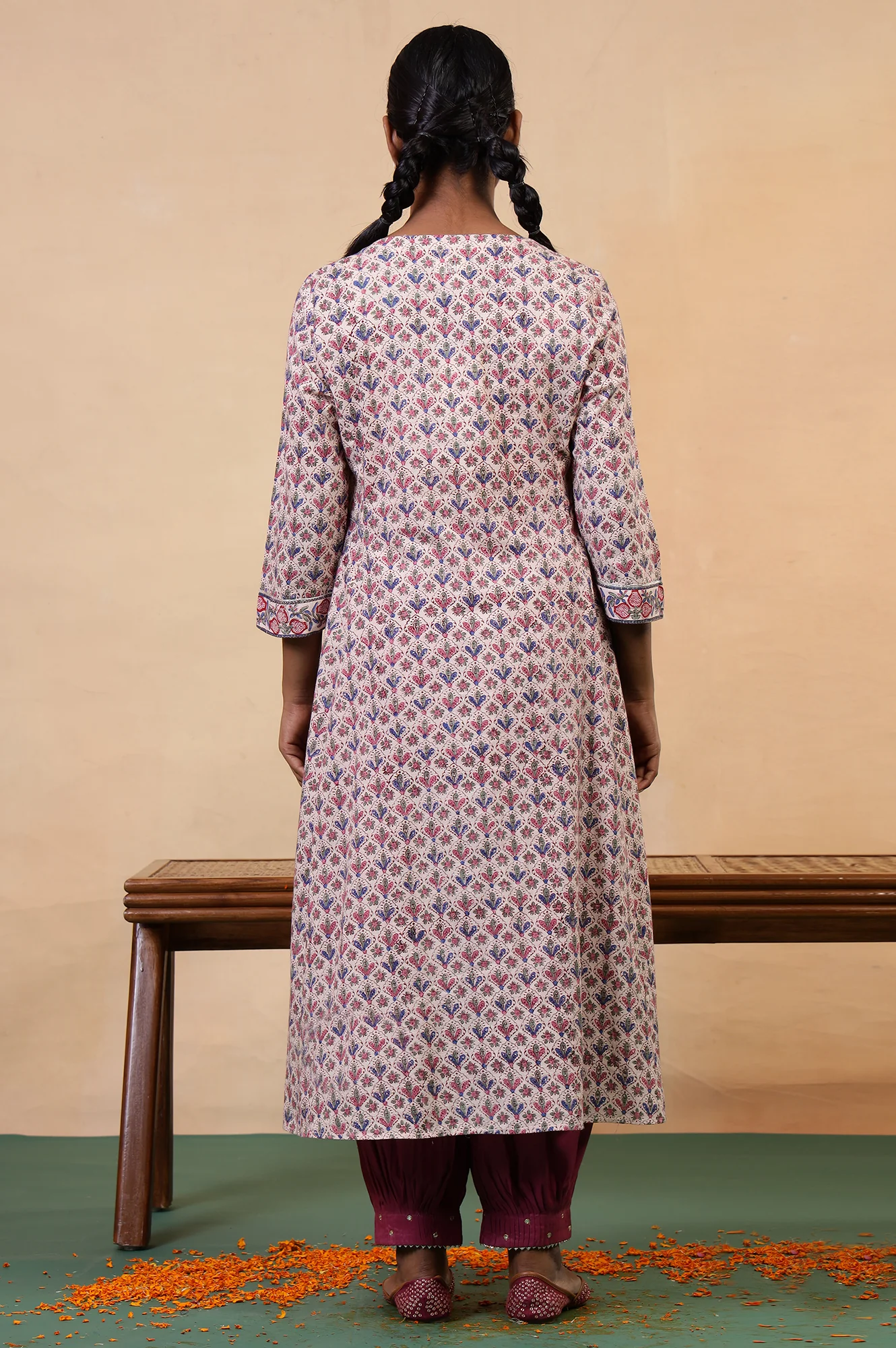Folksong Pearl White Cotton Flared Floral Hand Block Printed Anarkali - Image 5