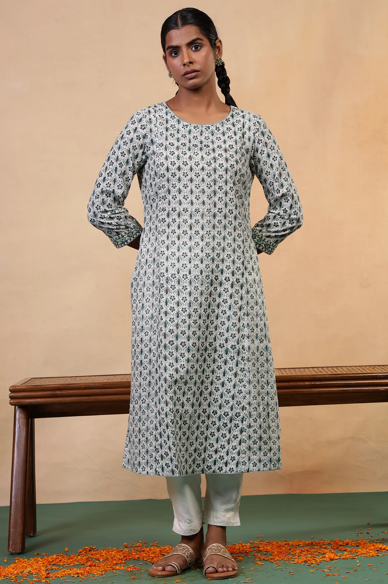 Folksong Pearl White Floral Mirror Work Cotton Straight Kurta - Image 2