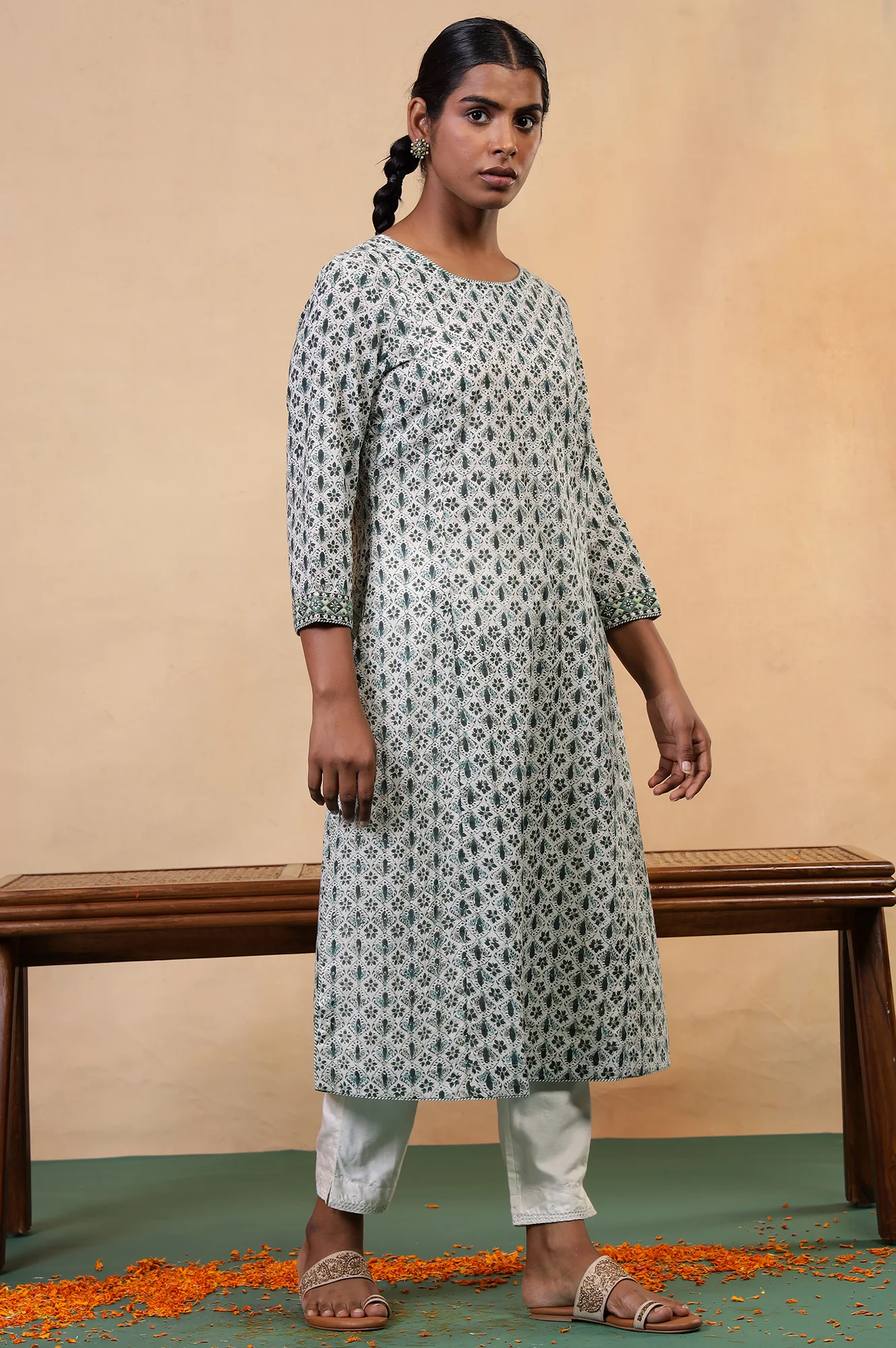 Folksong Pearl White Floral Mirror Work Cotton Straight Kurta - Image 4
