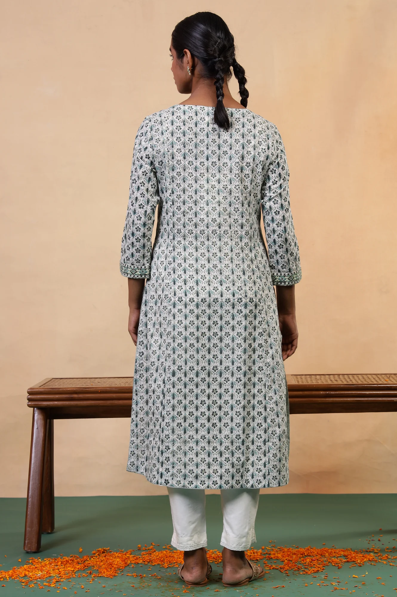 Folksong Pearl White Floral Mirror Work Cotton Straight Kurta - Image 5
