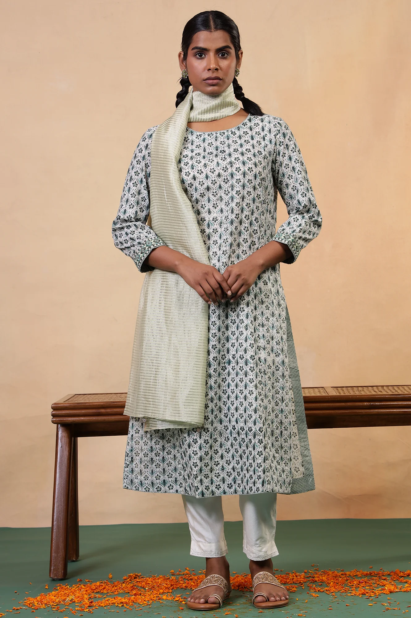 Folksong Pearl White Floral Mirror Work Cotton Straight Kurta - Image 7