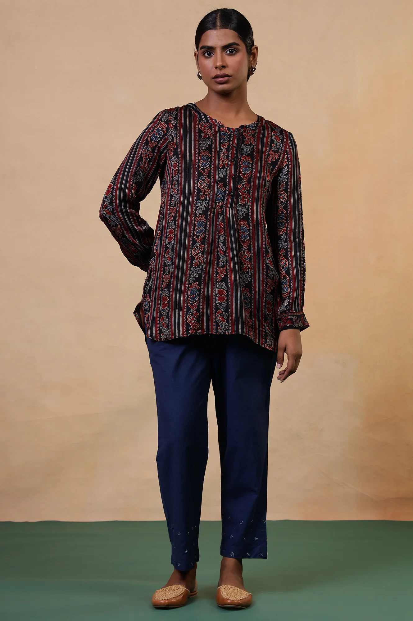 Folksong Pirate Black Viscose Straight-Fit Ethnic Motif Ajrakh Print Top - Image 2
