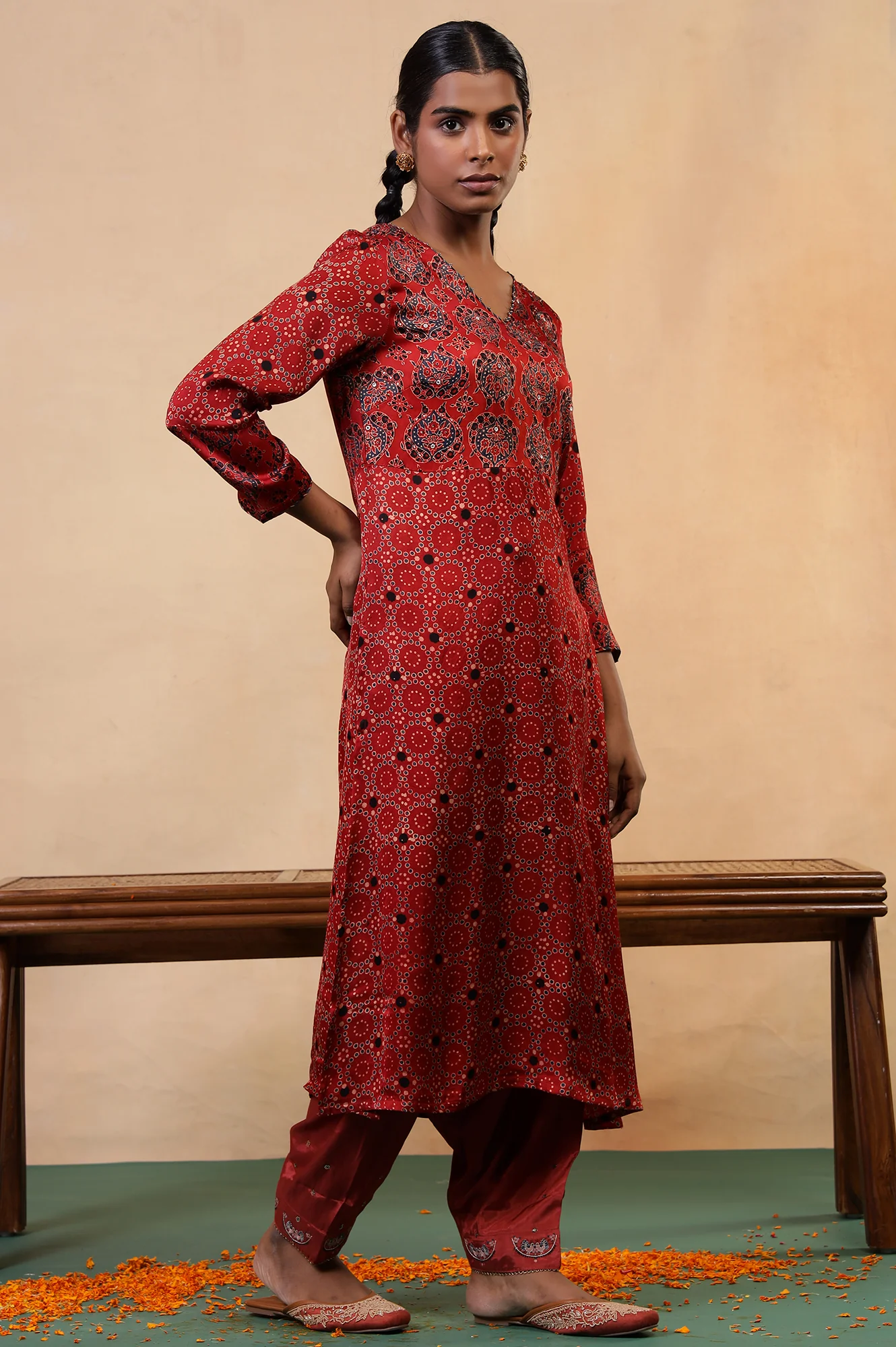 Folksong Red Clay Viscose Straight-Fit Ethnic Motif Ajrakh Print Kurta - Image 6
