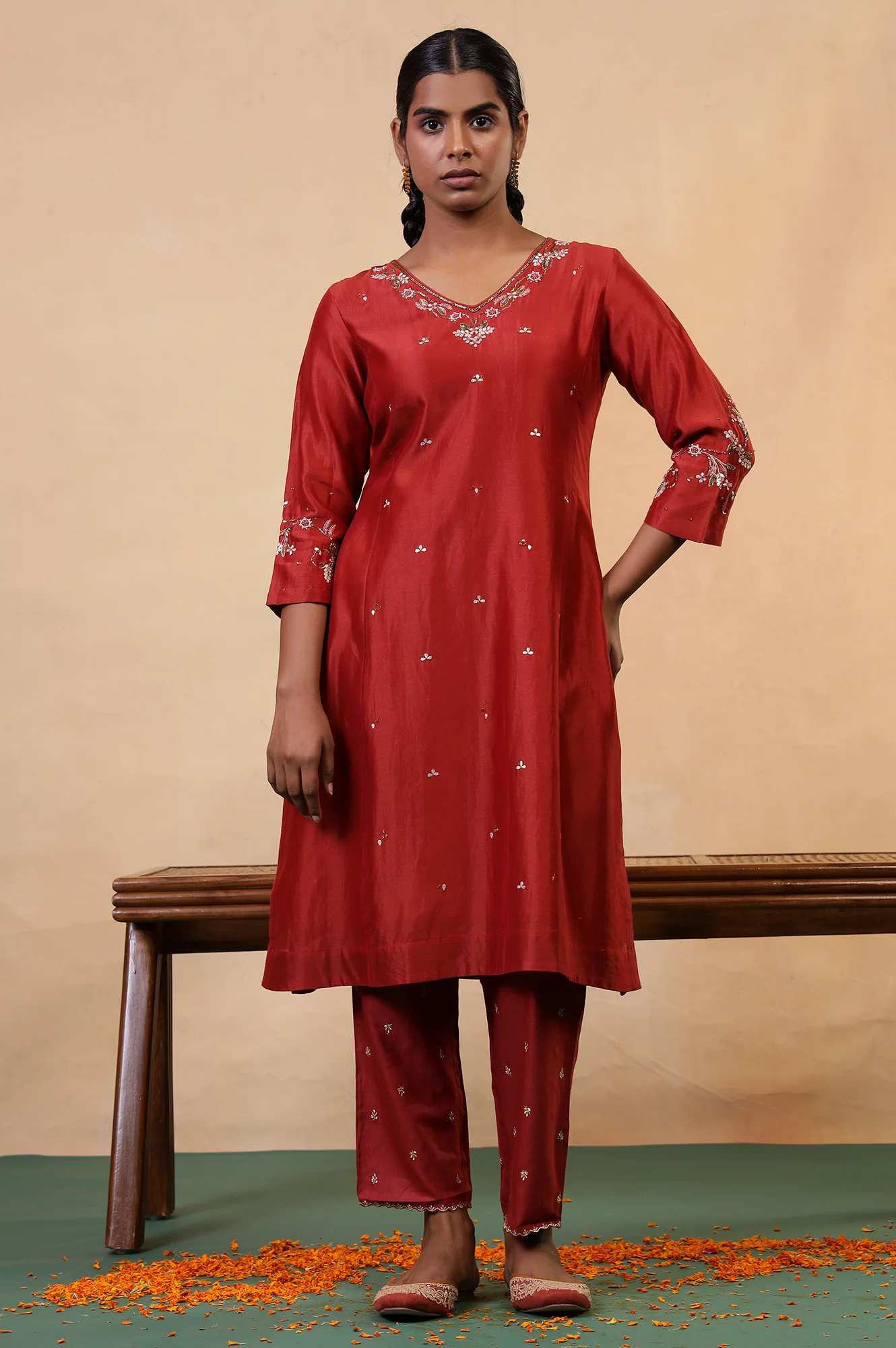 Folksong Red Rust Gotta Patti Cotton Silk Blend A-Line Kurta - Image 2