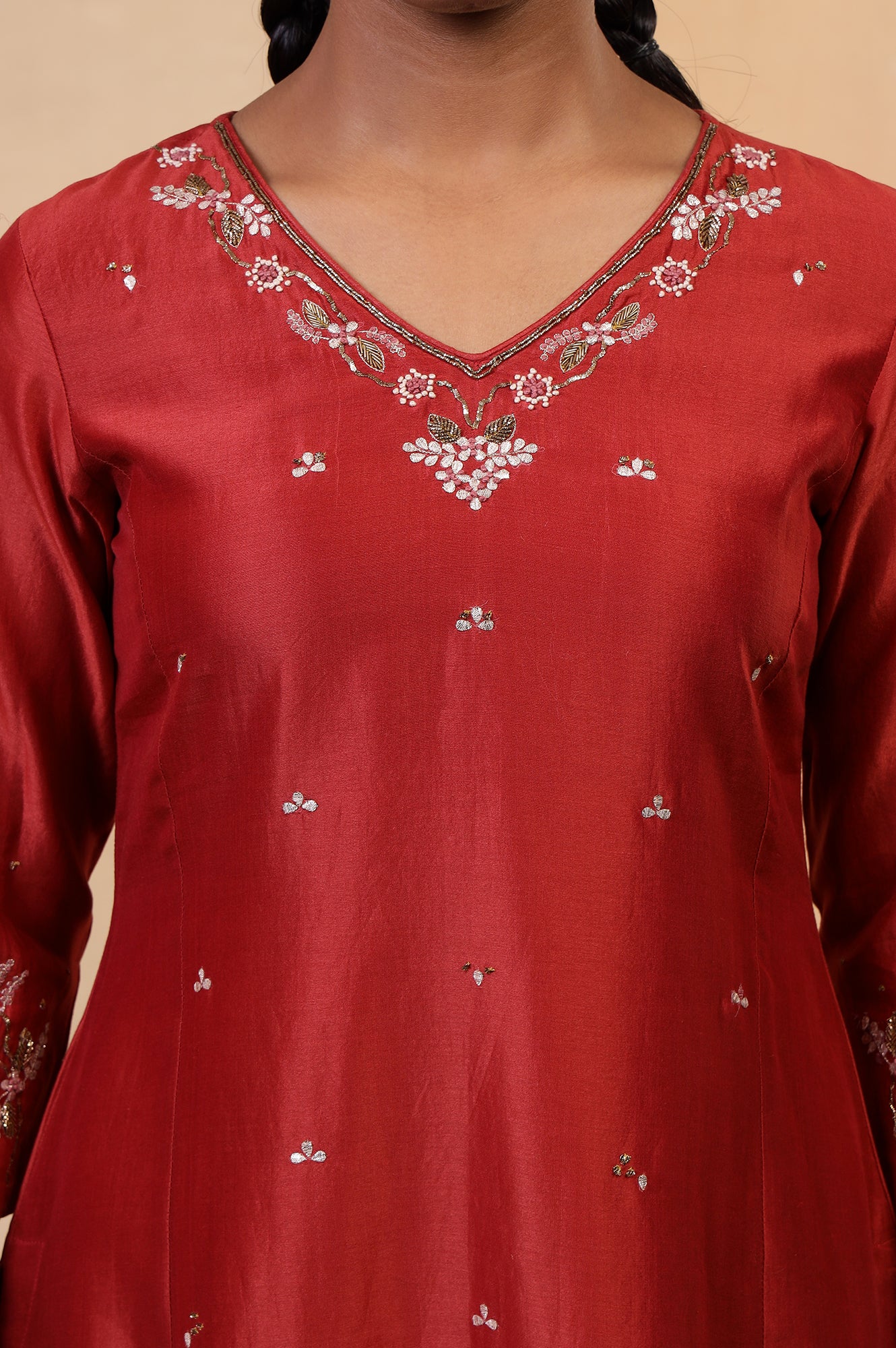 Folksong Red Rust Gotta Patti Cotton Silk Blend A-Line Kurta - Image 3