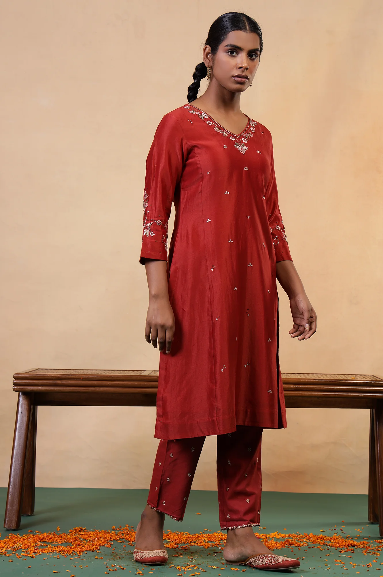 Folksong Red Rust Gotta Patti Cotton Silk Blend A-Line Kurta - Image 4