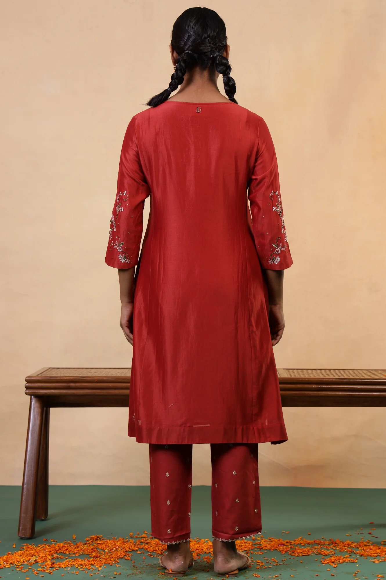 Folksong Red Rust Gotta Patti Cotton Silk Blend A-Line Kurta - Image 5