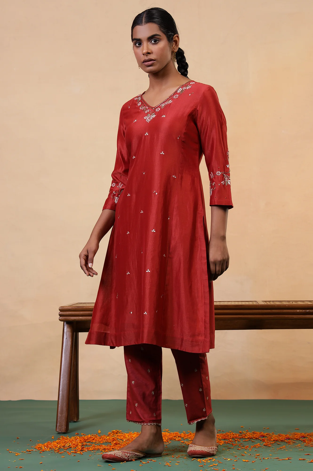 Folksong Red Rust Gotta Patti Cotton Silk Blend A-Line Kurta - Image 6