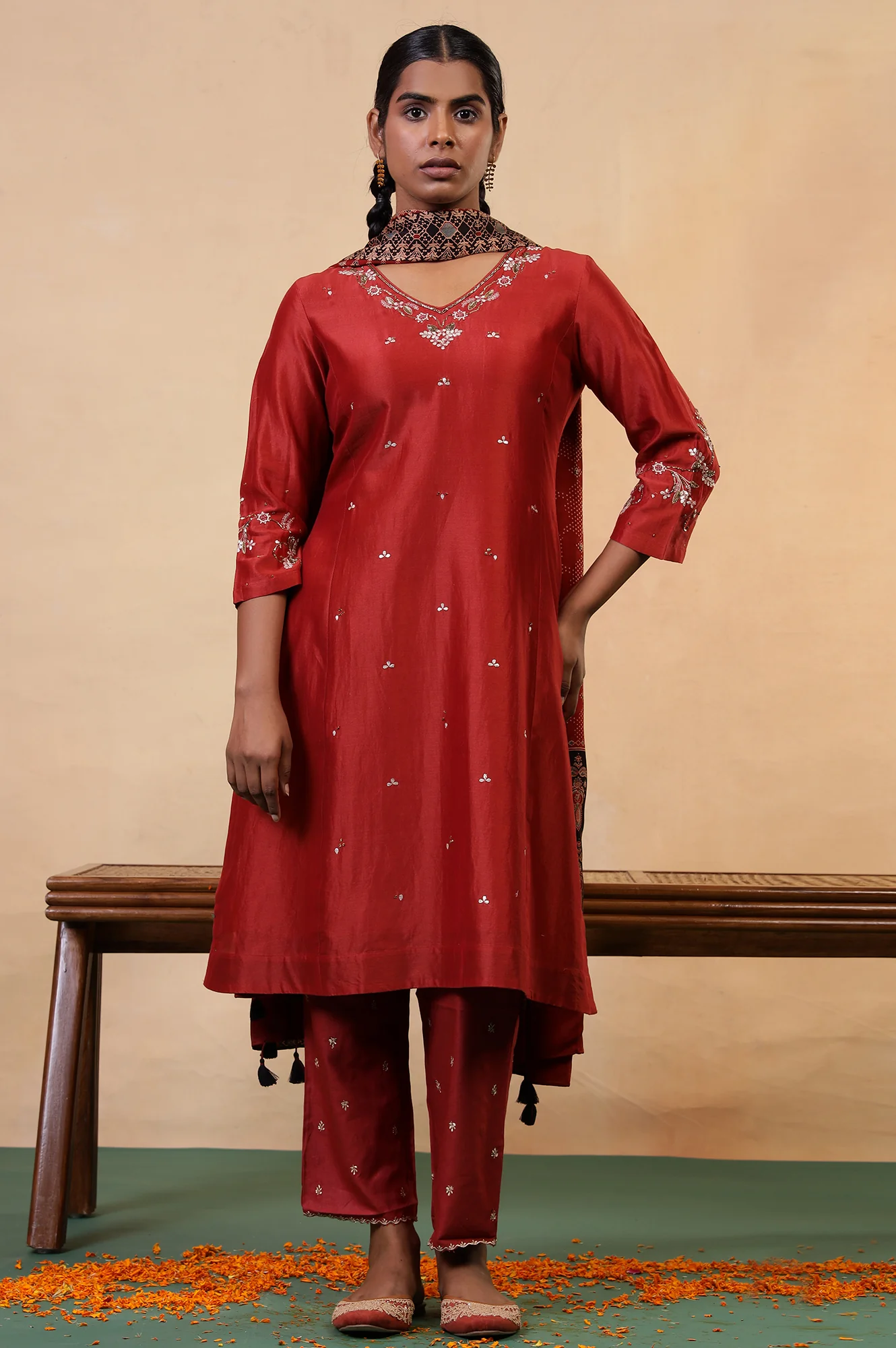 Folksong Red Rust Gotta Patti Cotton Silk Blend A-Line Kurta - Image 7