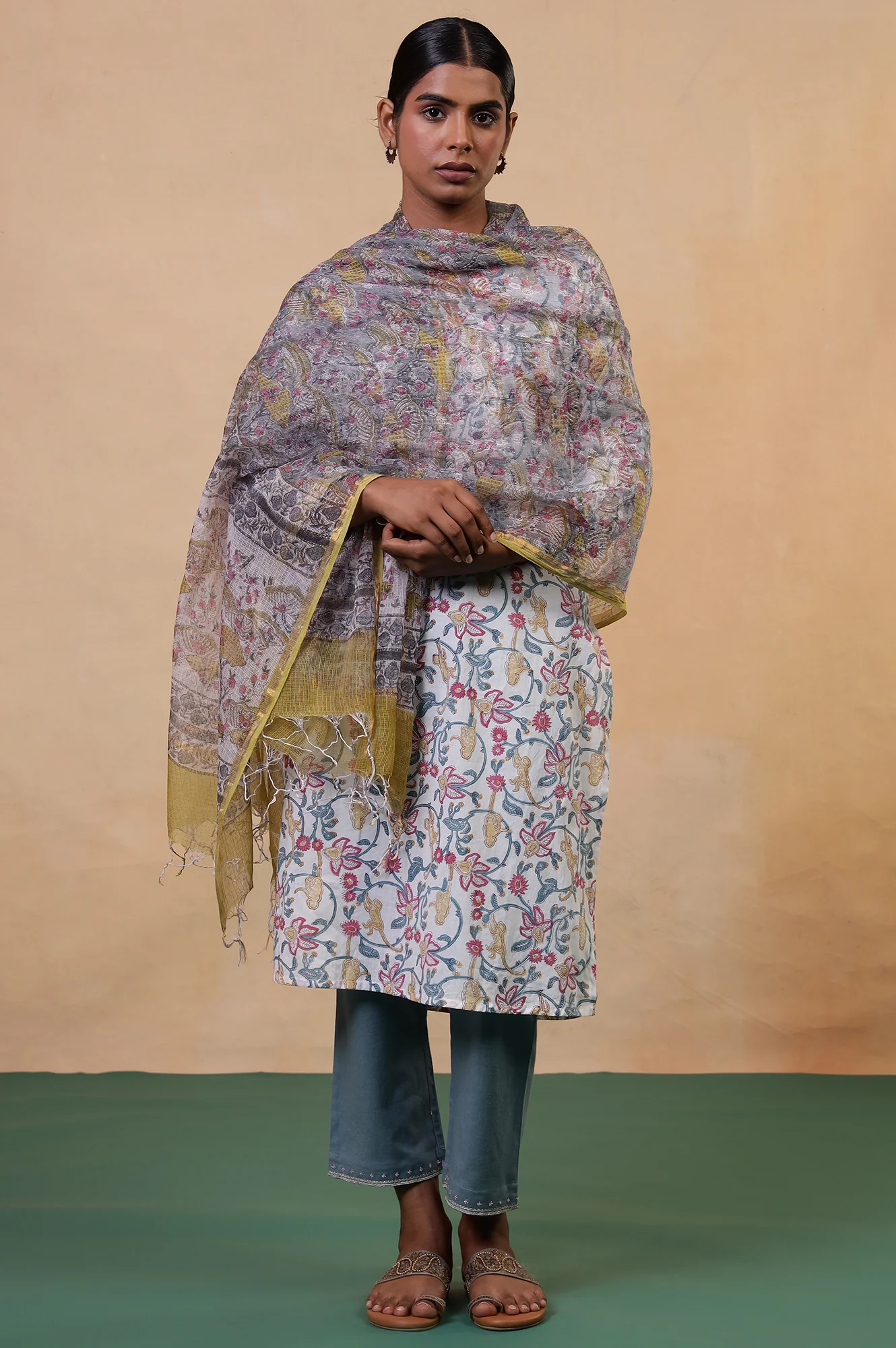 Folksong Stone Blue Cotton-Silk Hand Block Printed Floral Dupatta - Image 2