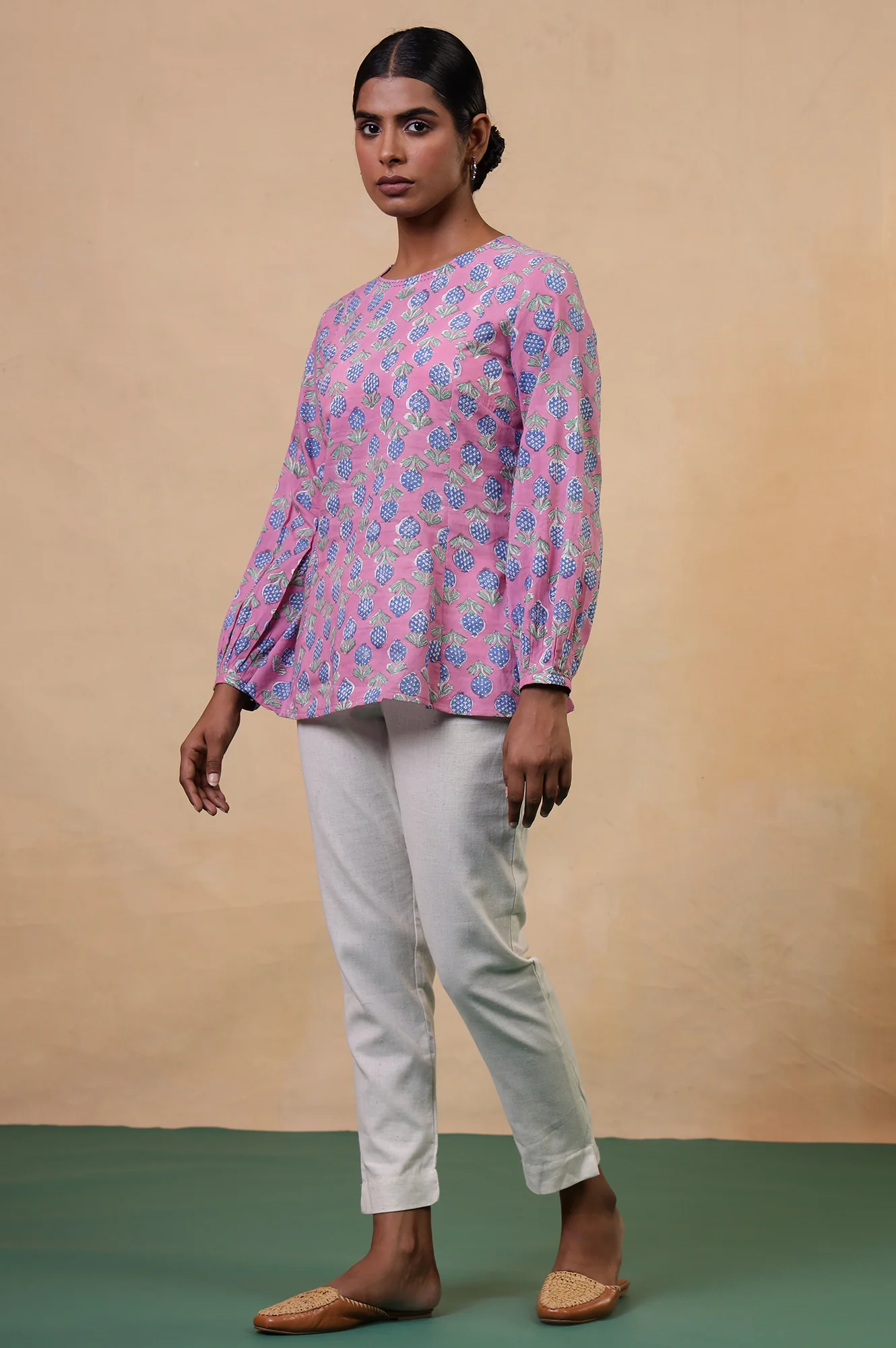 Folksong Taffy Pink Floral Kantha Hand Block Printed Cotton Tunic - Image 6