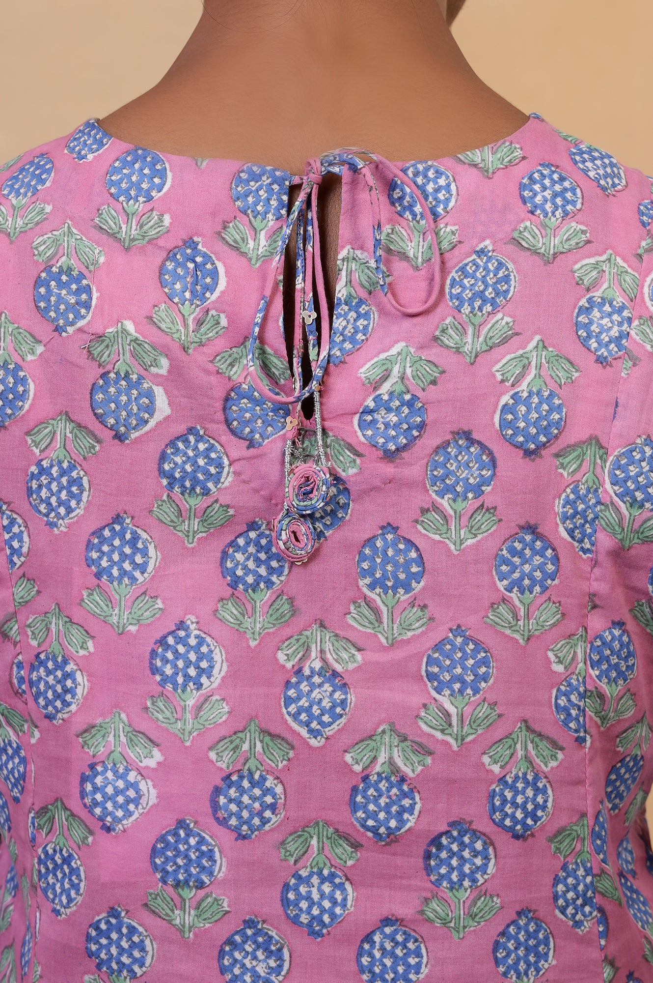 Folksong Taffy Pink Floral Kantha Hand Block Printed Cotton Tunic - Image 8