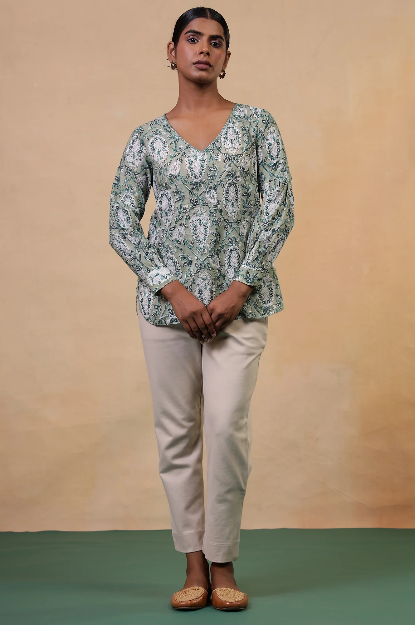 Folksong Tea Green Cotton Straight-Fit Floral Hand Block Printed Top - Image 2